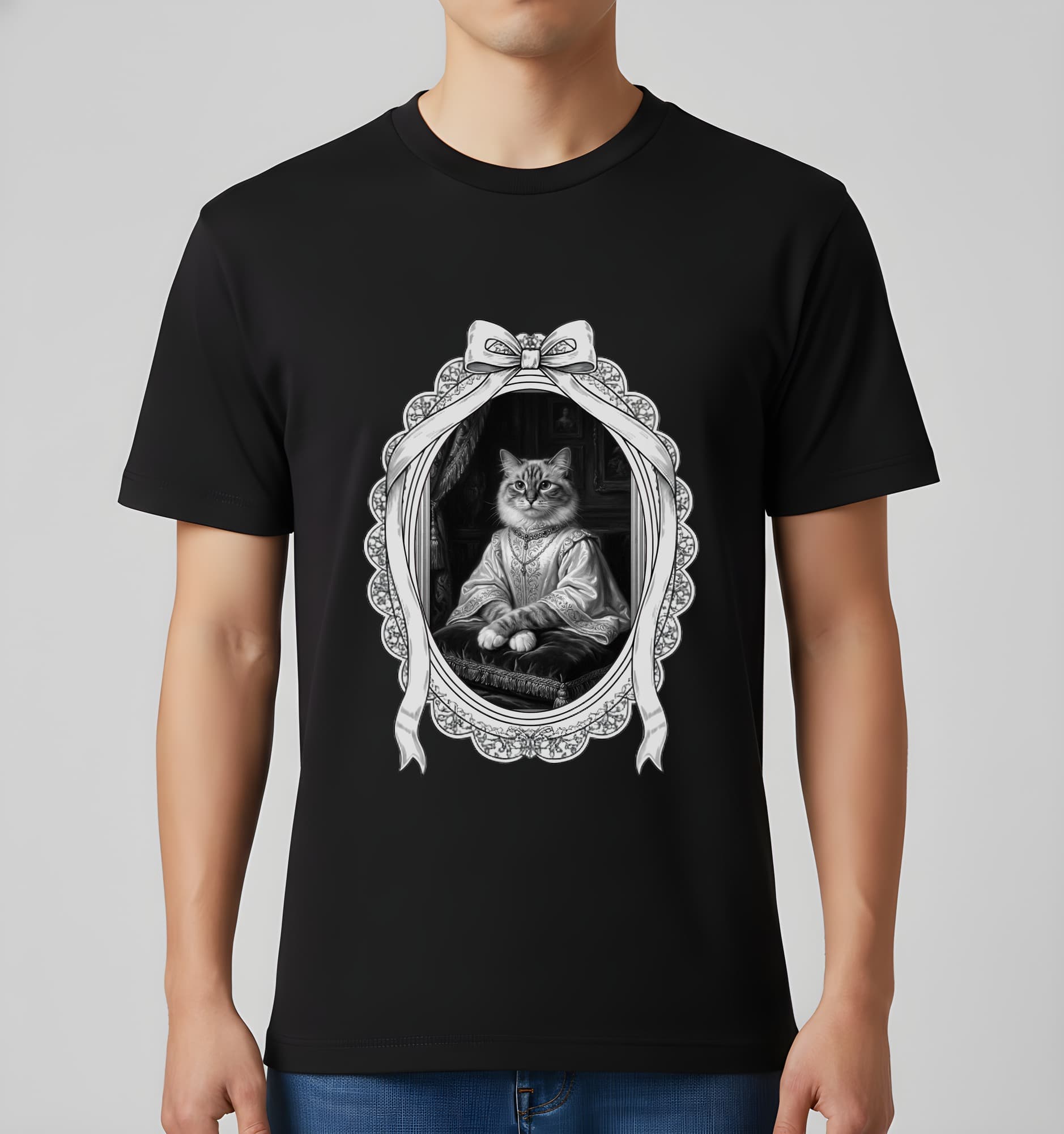 ラグドールのルネサンス肖像画Tシャツ(ブラック・モノクロプリント・額縁デザインあり) 2