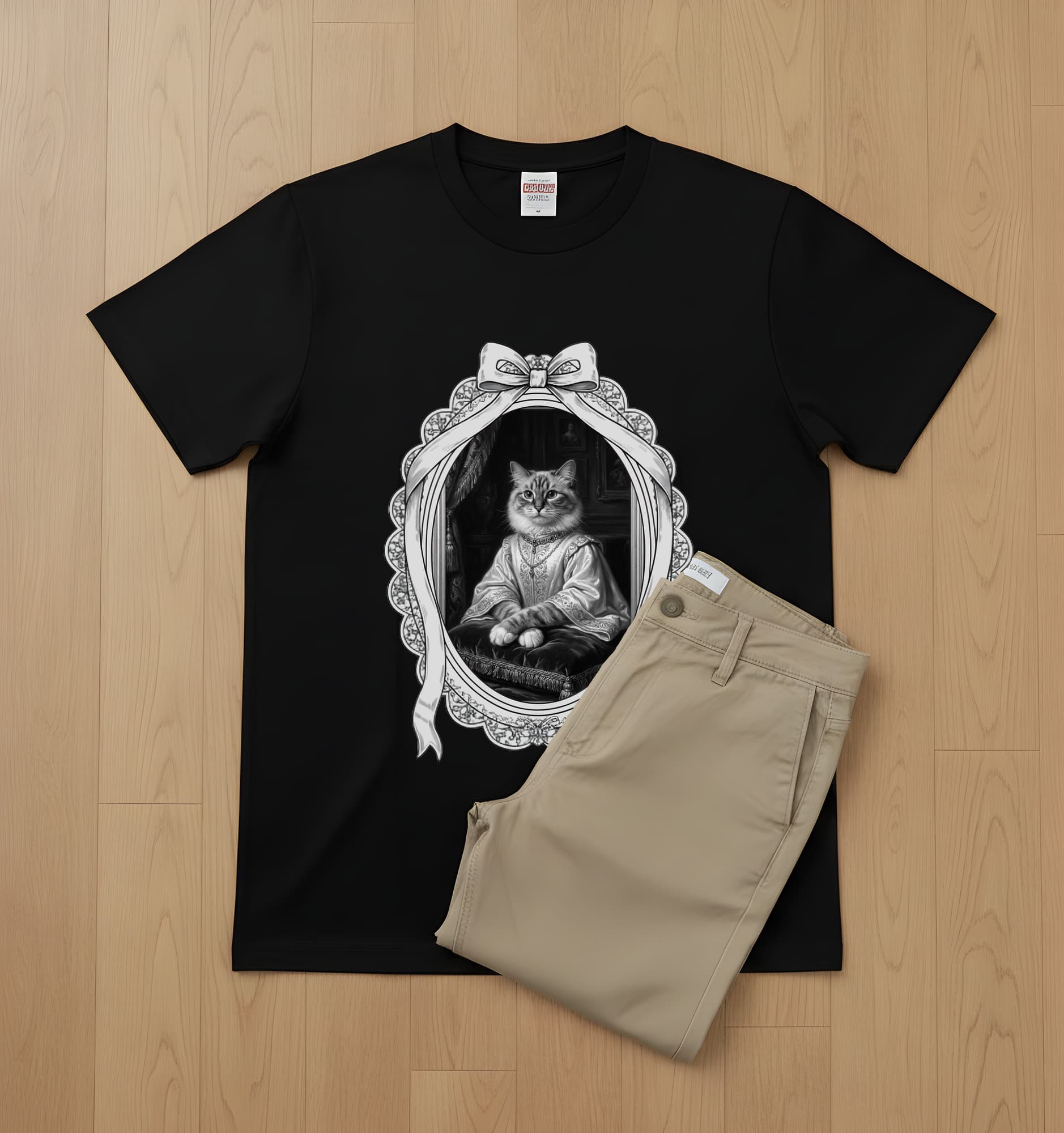ラグドールのルネサンス肖像画Tシャツ(ブラック・モノクロプリント・額縁デザインあり) 3