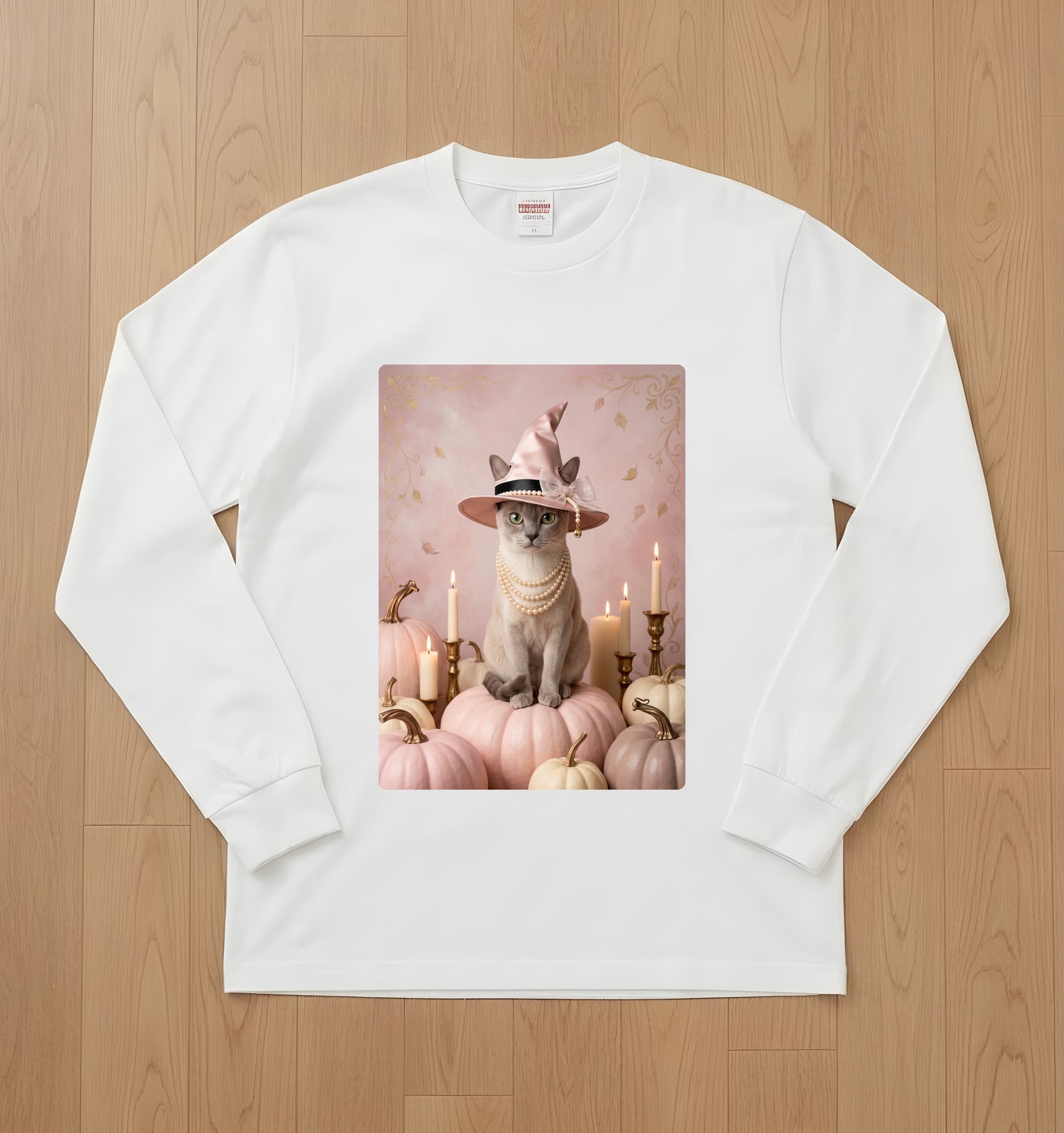 Burmese Pumpkin & Candlelight Oil-Painting Halloween Long Sleeve T-Shirt (White)