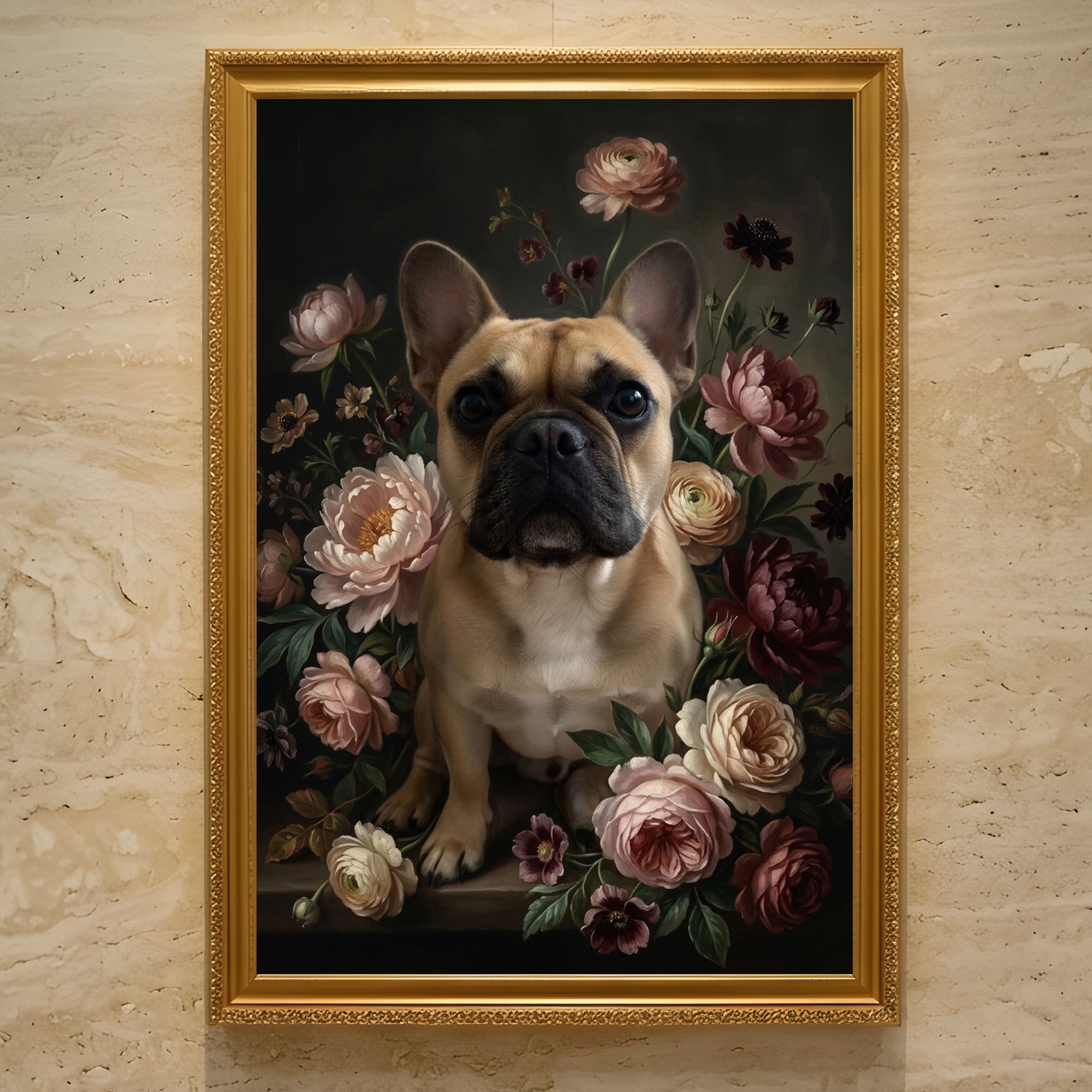 フレンチブルドッグの花の油絵風アート花柄額装プリント(A3サイズ)