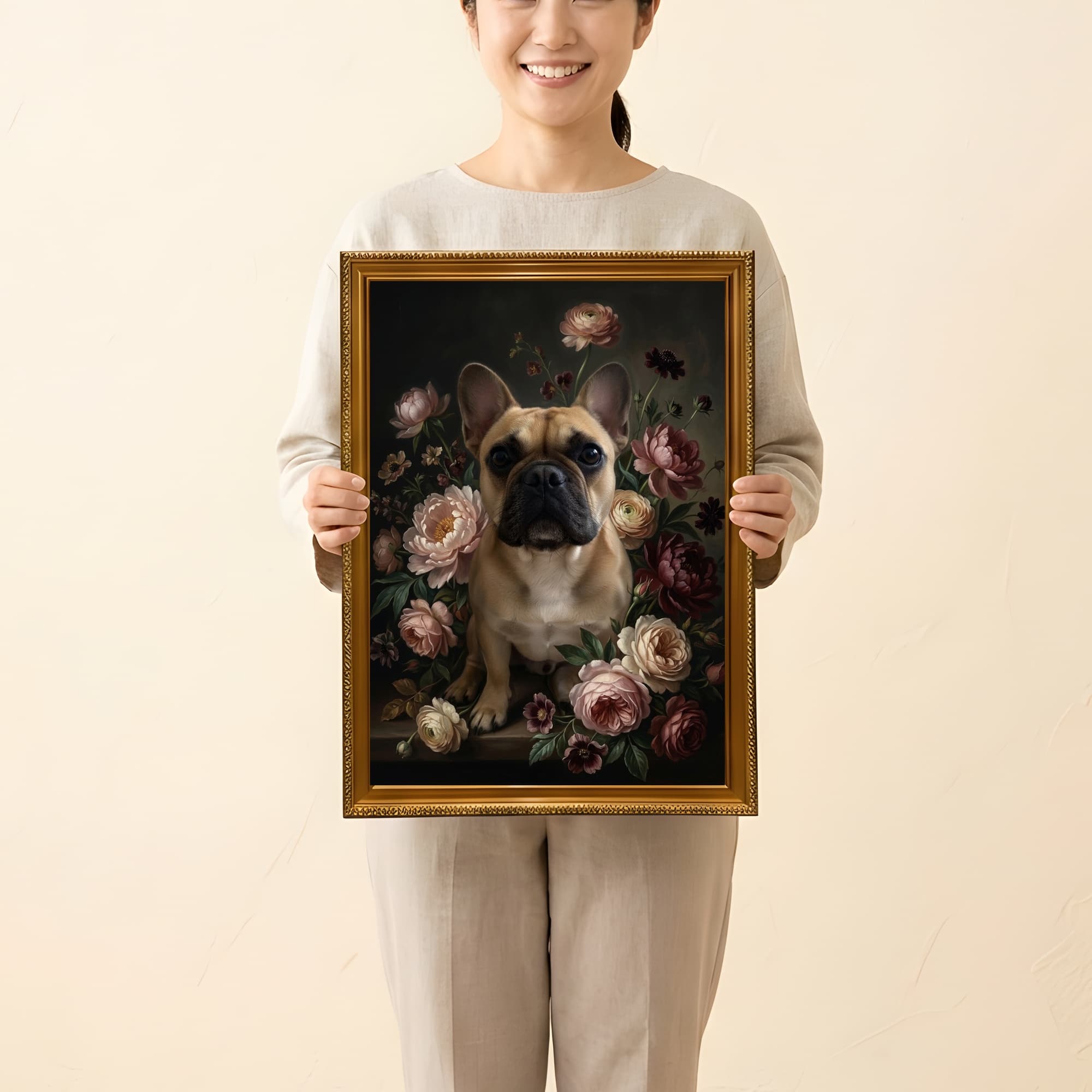 フレンチブルドッグの花の油絵風アート花柄額装プリント(A3サイズ) 2