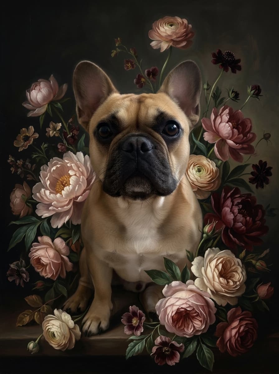 フレンチブルドッグの花の油絵風アート花柄額装プリント(A3サイズ) 4