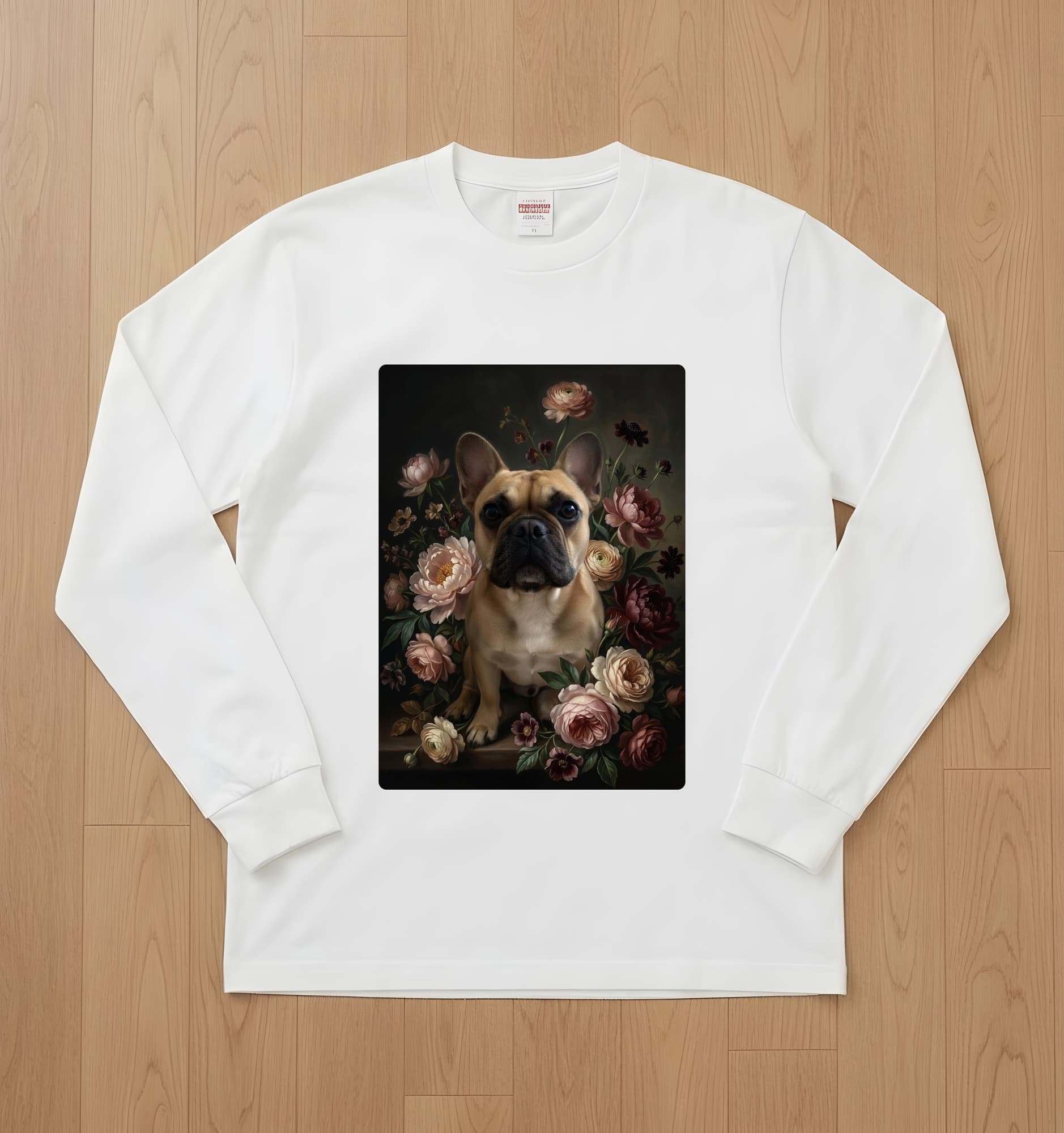 フレンチブルドッグの花の油絵風アート花柄長袖Tシャツ(ホワイト)