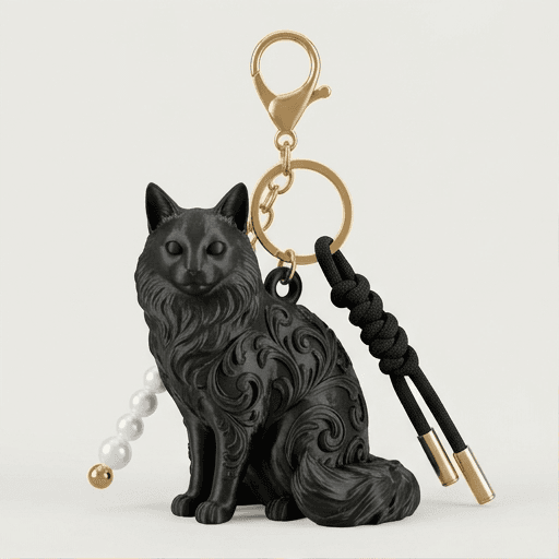ノルウェージャンフォレストキャットのルネサンス肖像画キーホルダー(シルクブラック)