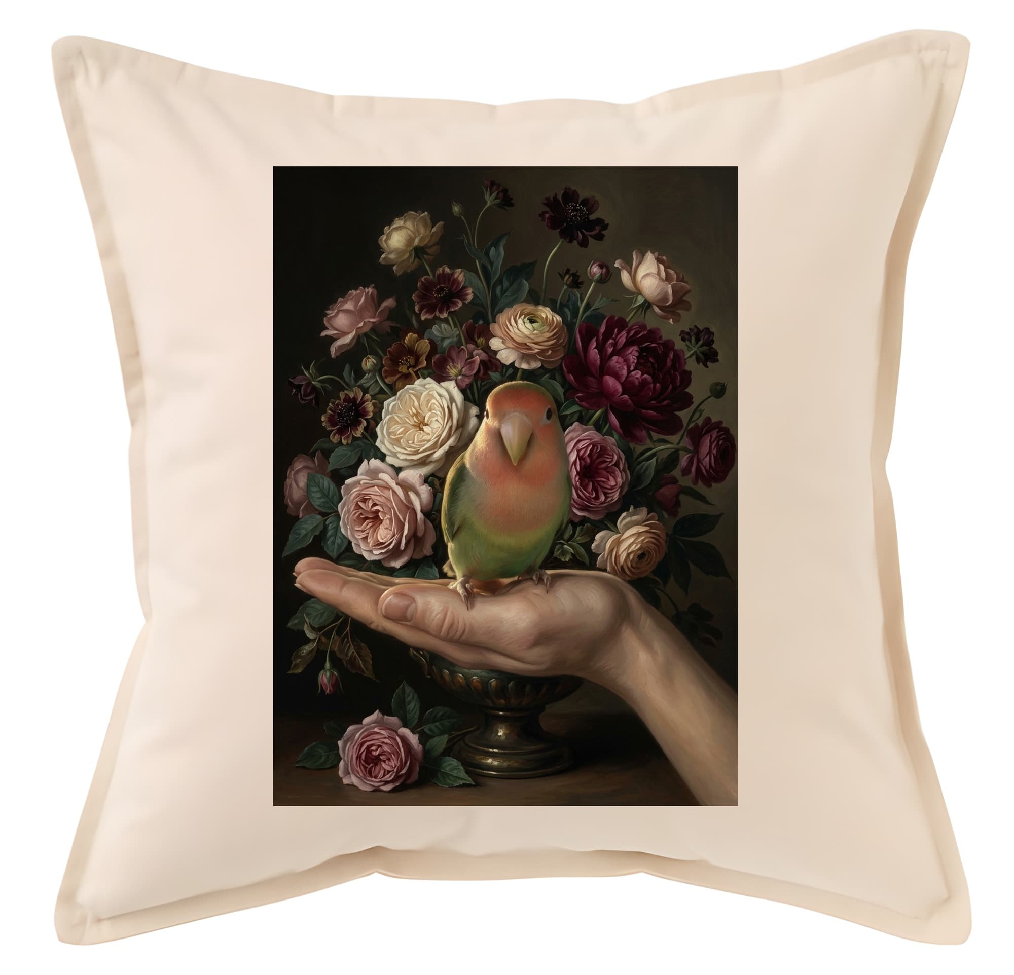 Peach-faced Lovebird Floral Oil-Painting Floral Cushion