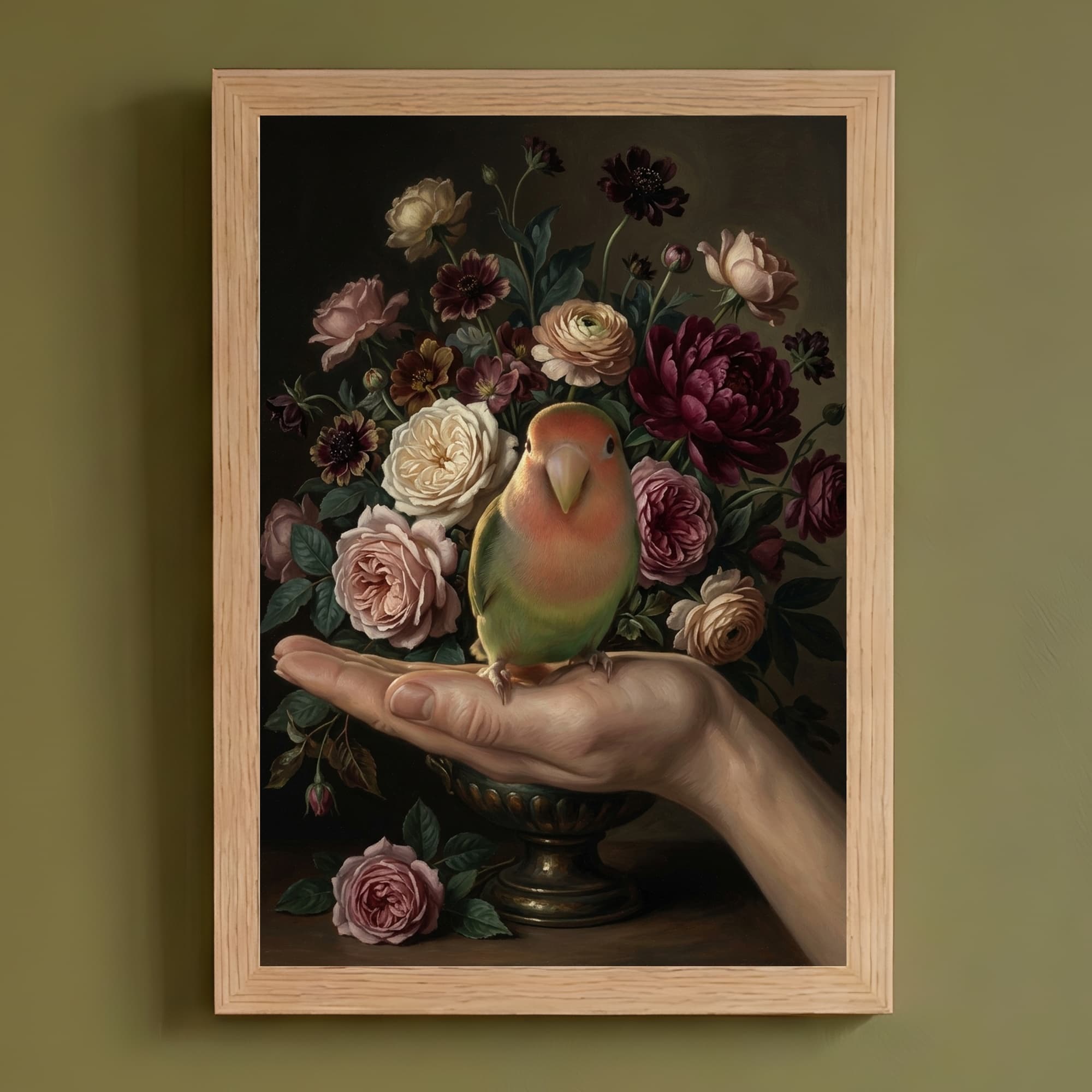 コザクラインコの花の油絵風アート花柄額装プリント(A4サイズ)