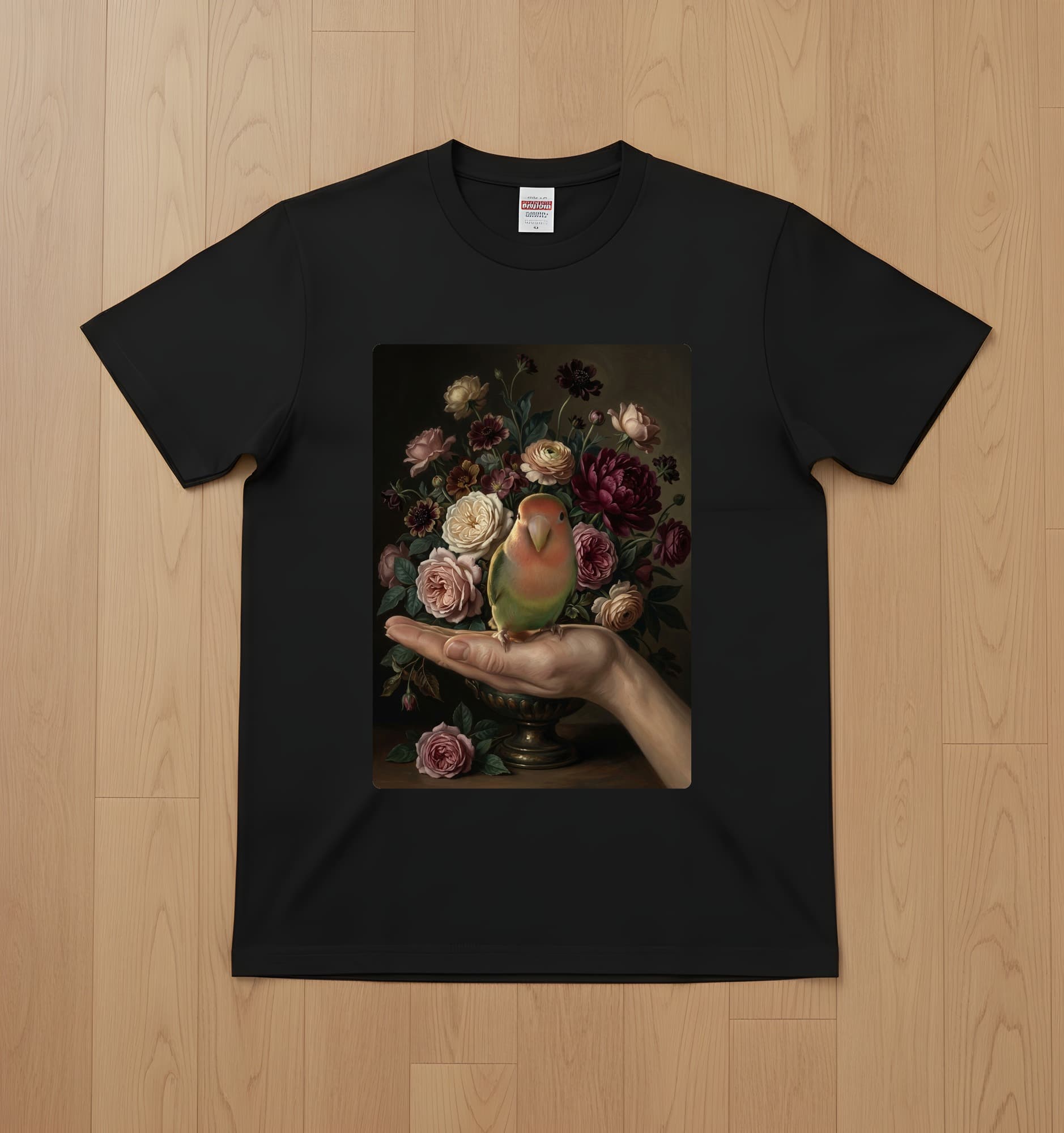Peach-faced Lovebird Floral Oil-Painting Floral T-Shirt (Black)