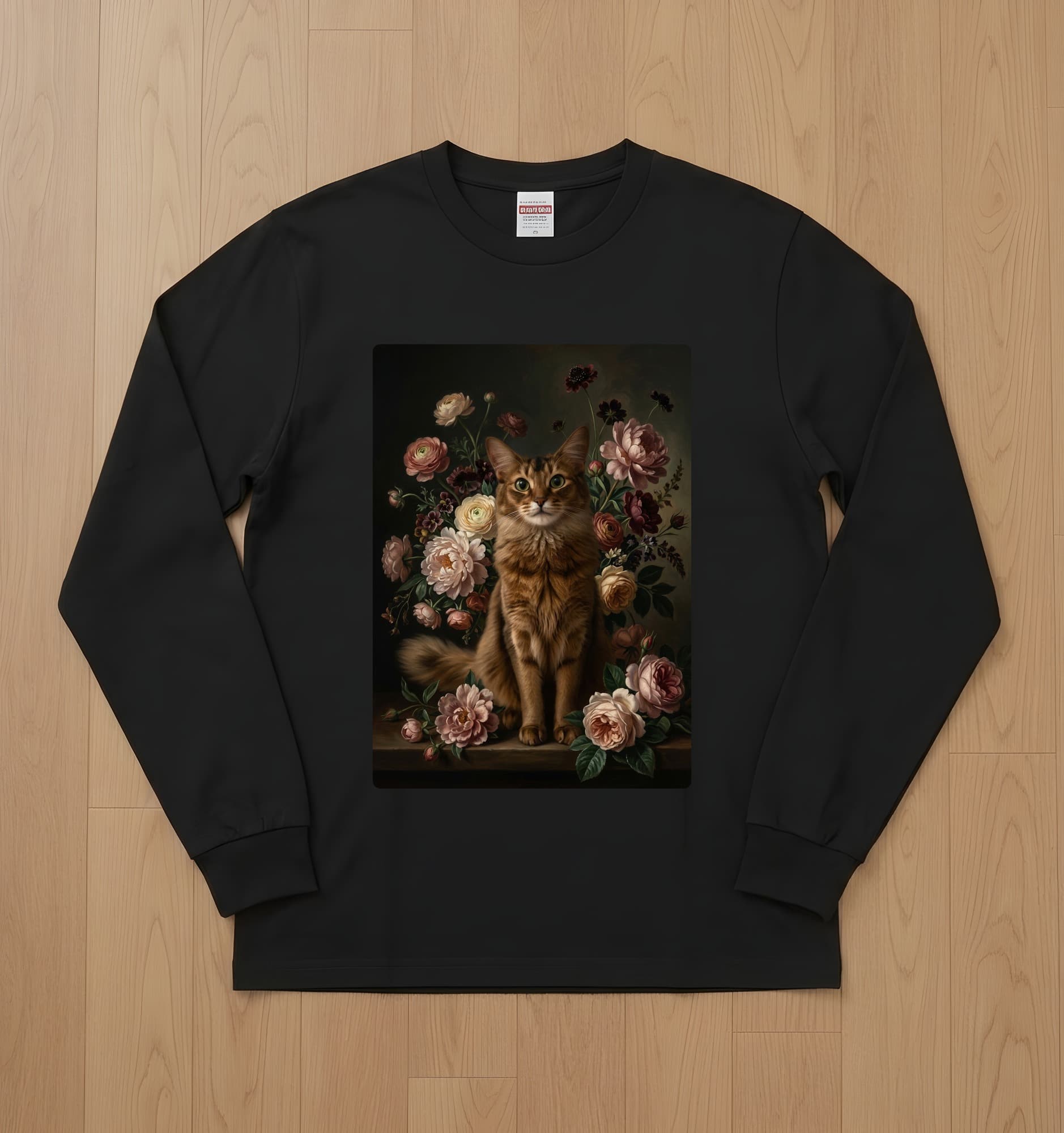 ソマリの花の油絵風アート花柄長袖Tシャツ(ブラック)