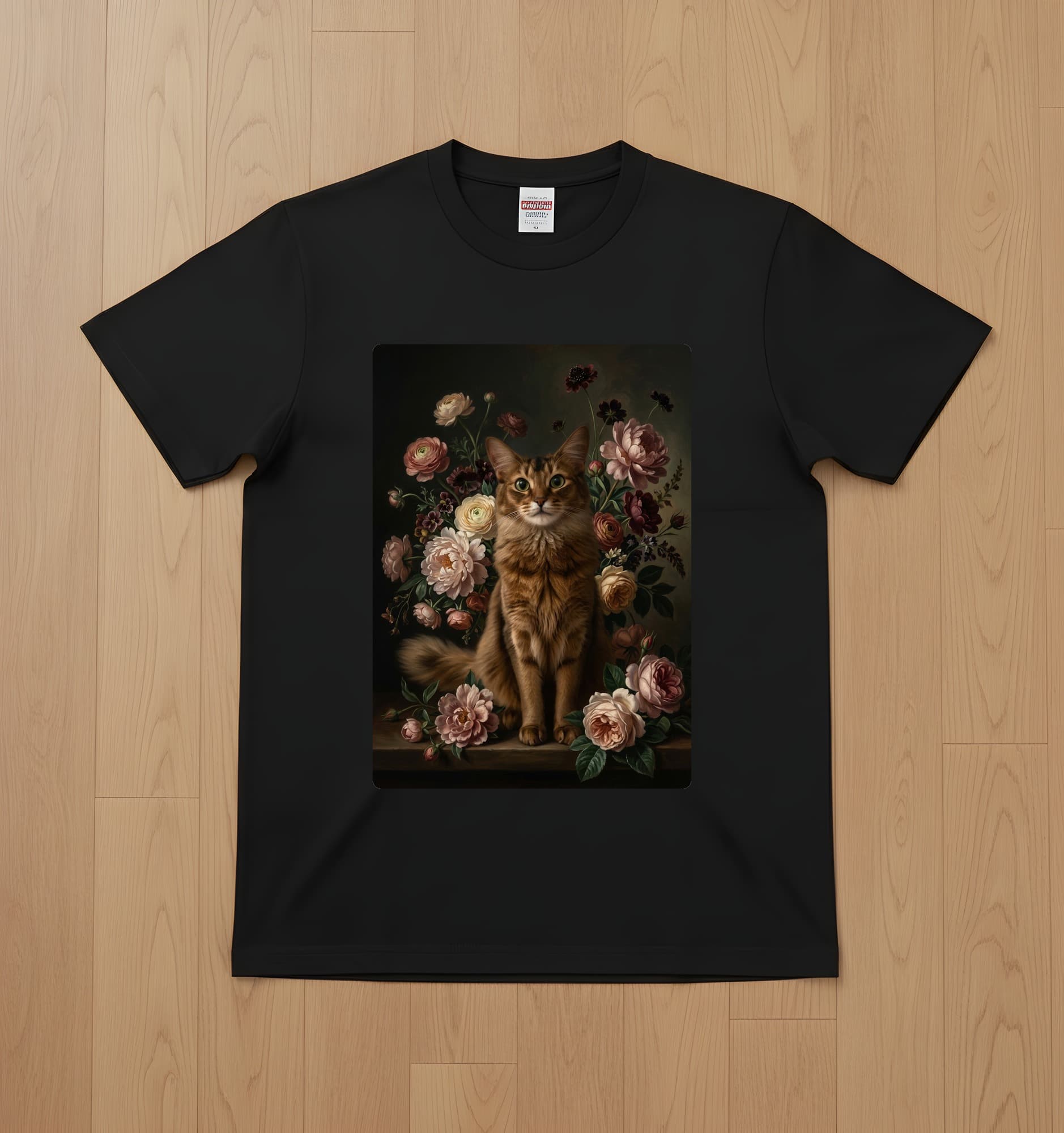ソマリの花の油絵風アート花柄Tシャツ(ブラック)