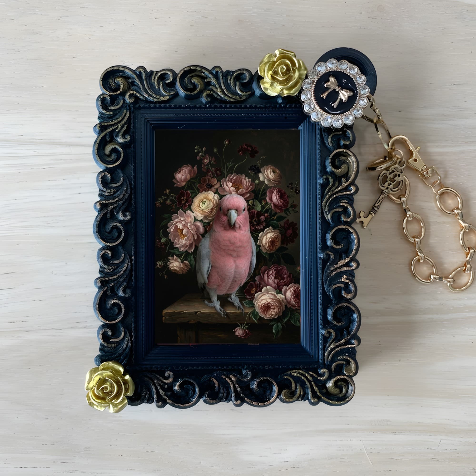 モモイロインコの花の油絵風アート花柄バッグチャーム(ブラック)