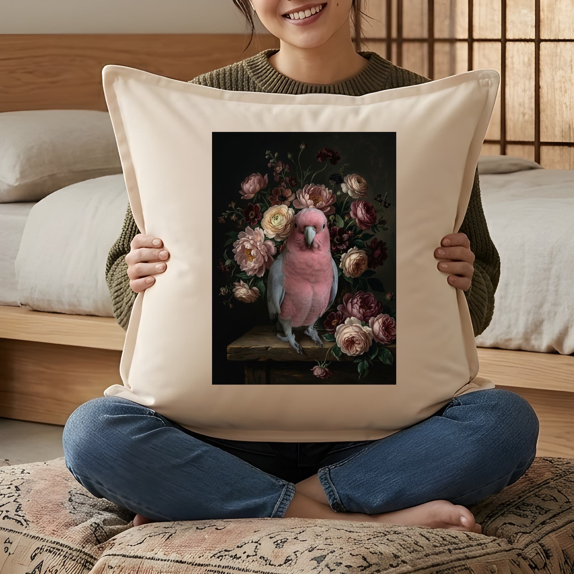 モモイロインコの花の油絵風アート花柄クッション 3