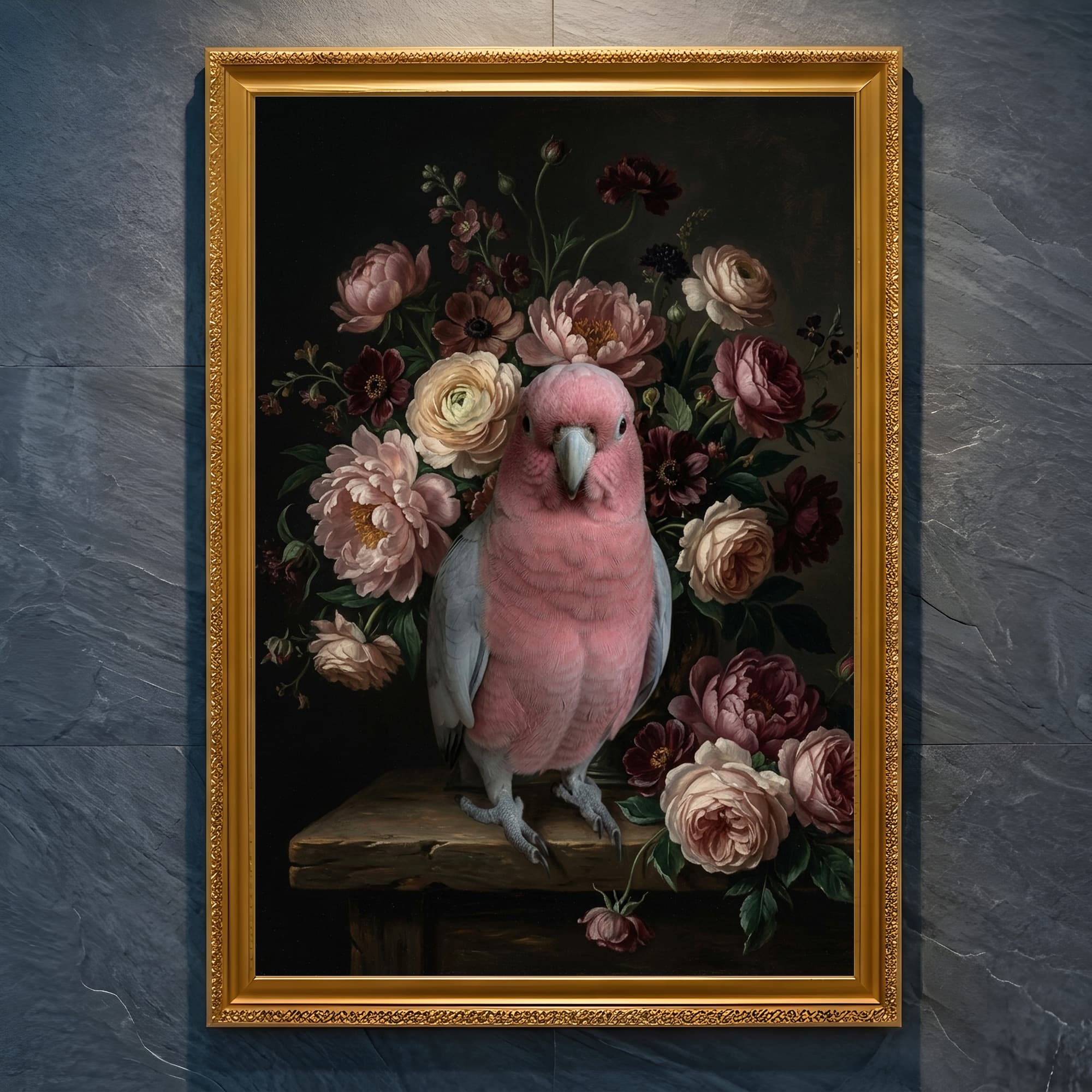 モモイロインコの花の油絵風アート花柄額装プリント(A4金縁)