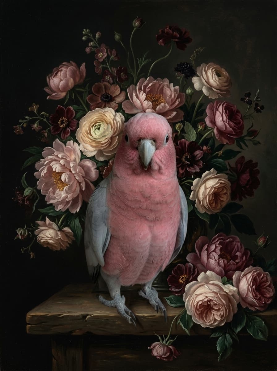 モモイロインコの花の油絵風アート花柄額装プリント(A4金縁) 4