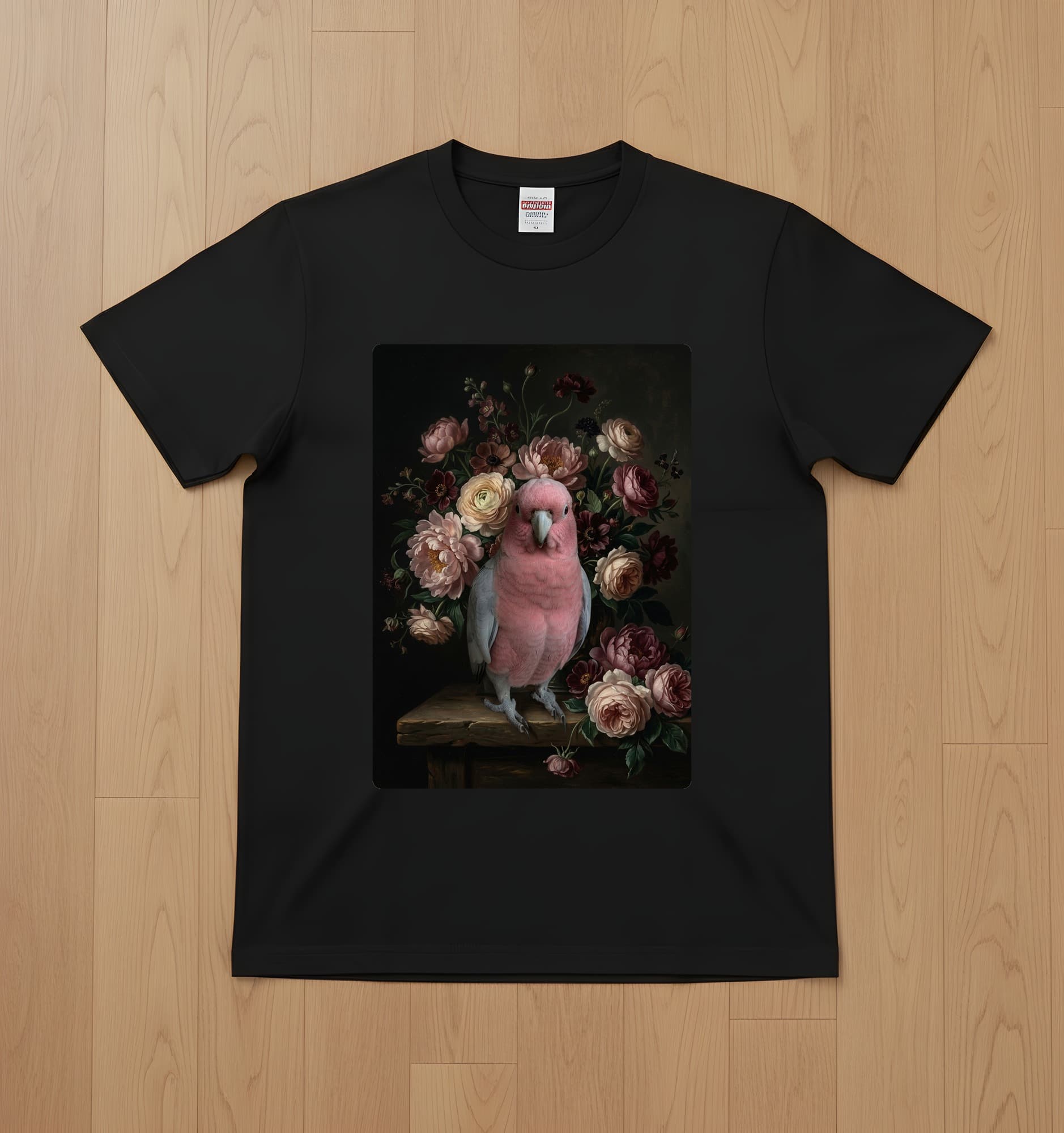 モモイロインコの花の油絵風アート花柄Tシャツ(ブラック)