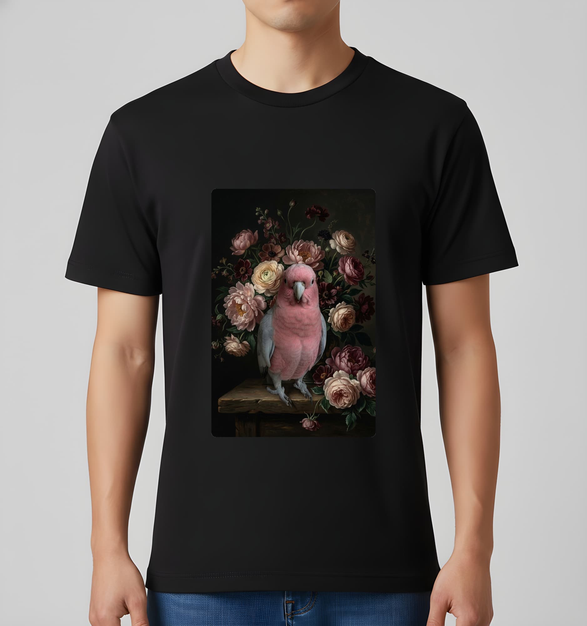 モモイロインコの花の油絵風アート花柄Tシャツ(ブラック) 3