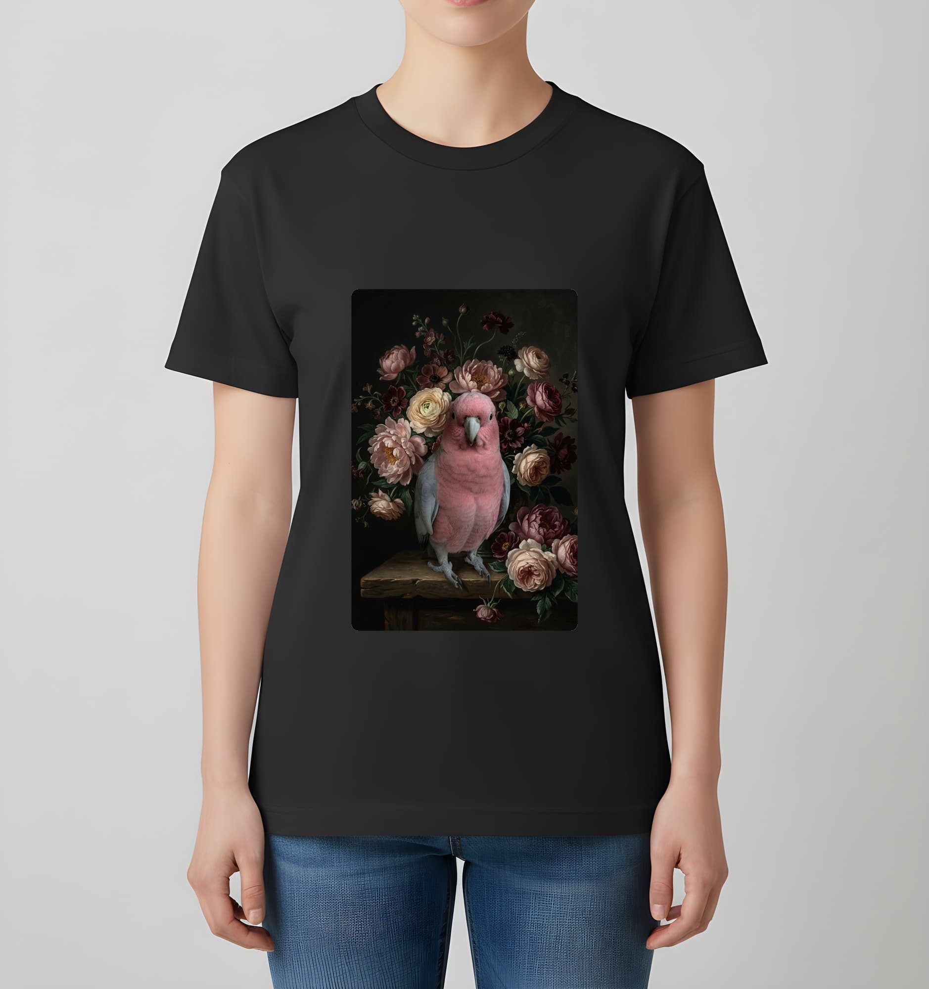 モモイロインコの花の油絵風アート花柄Tシャツ(ブラック) 4