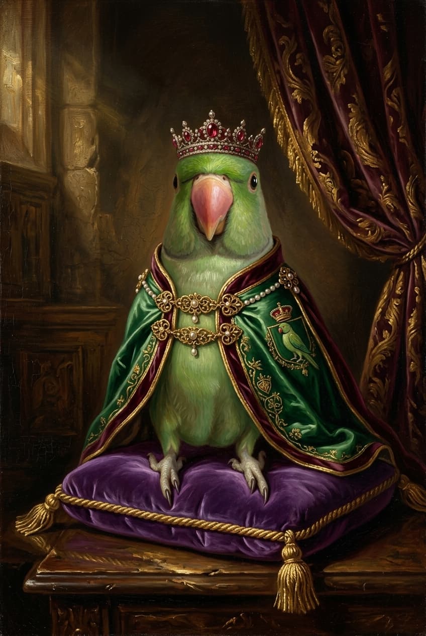 ワカケホンセイインコのルネサンス肖像画額装プリント(A3サイズ) 4