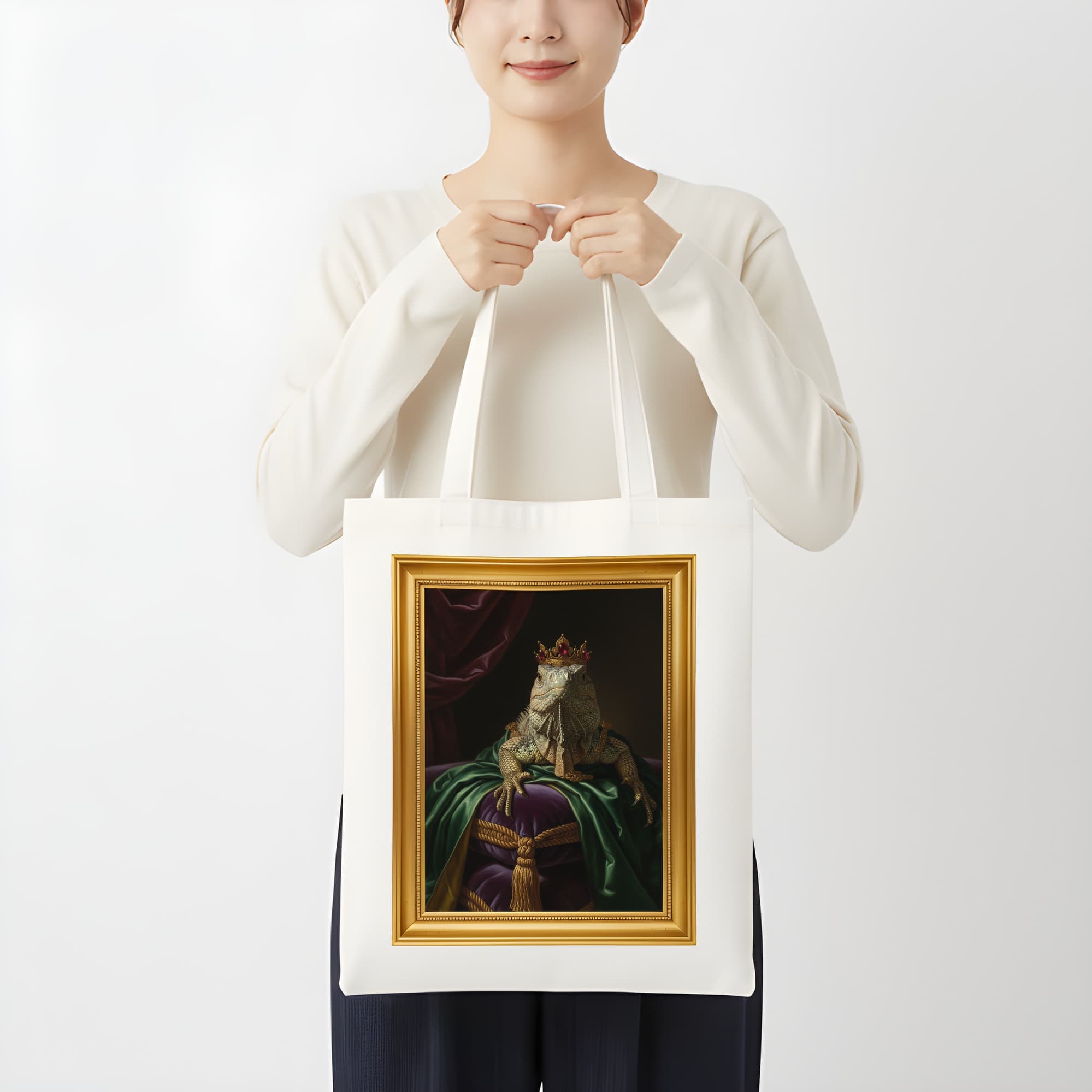 トゲオイグアナのルネサンス肖像画トートバッグ(カラープリント・額縁デザインあり) 3