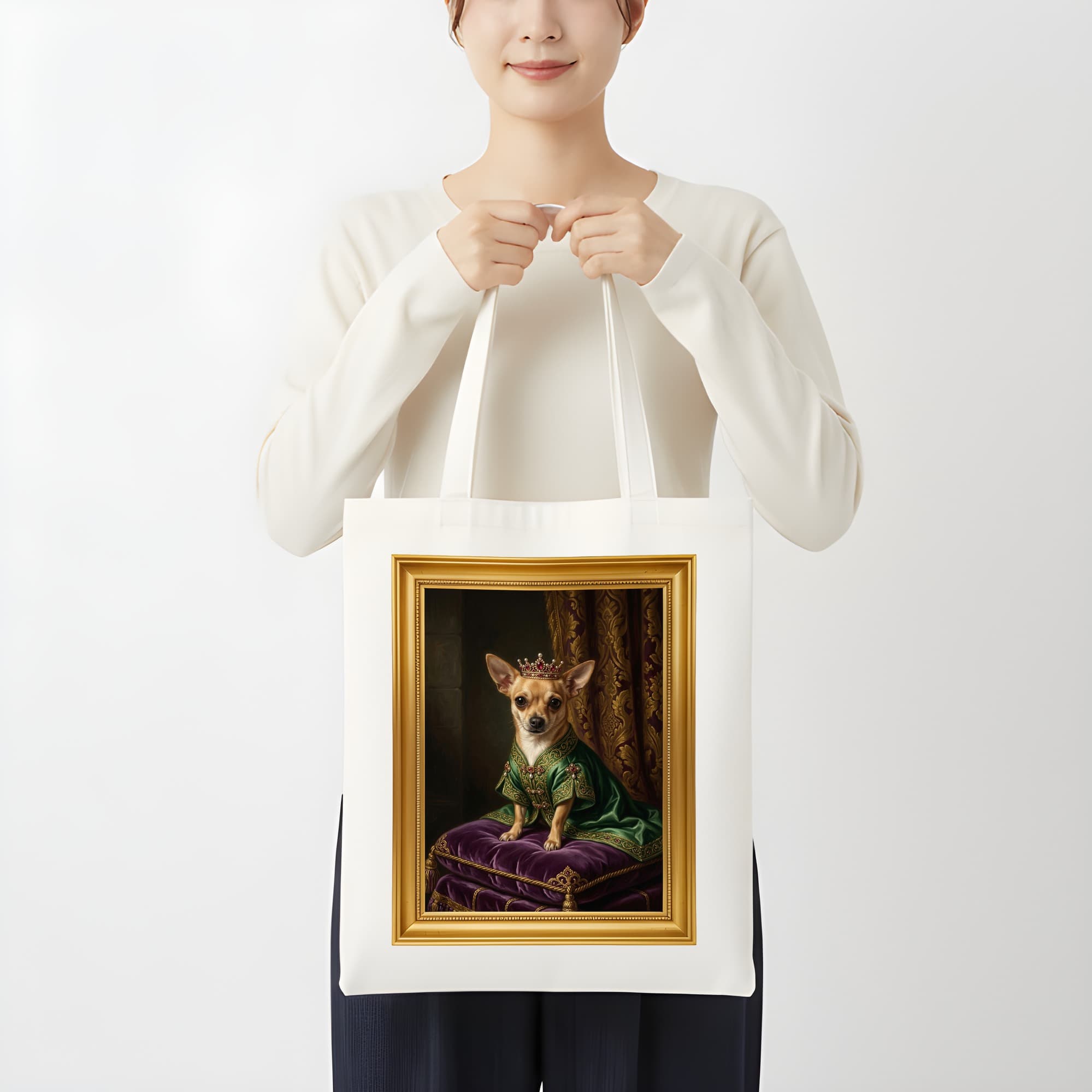 chihuahua Renaissance Portrait Tote Bag (Color Print, Framed Design) 3