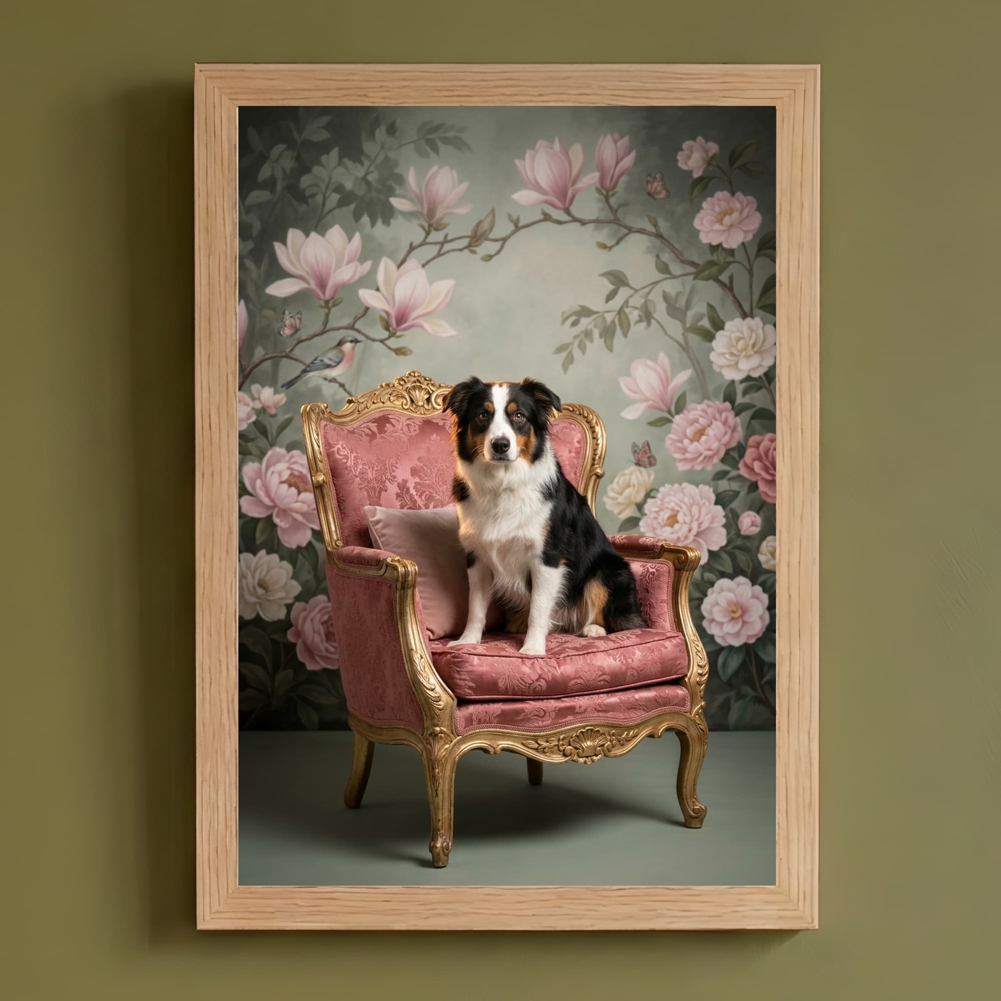 border collie Shabby Pink Oil-Painting Rococo Framed Art Print (A4)