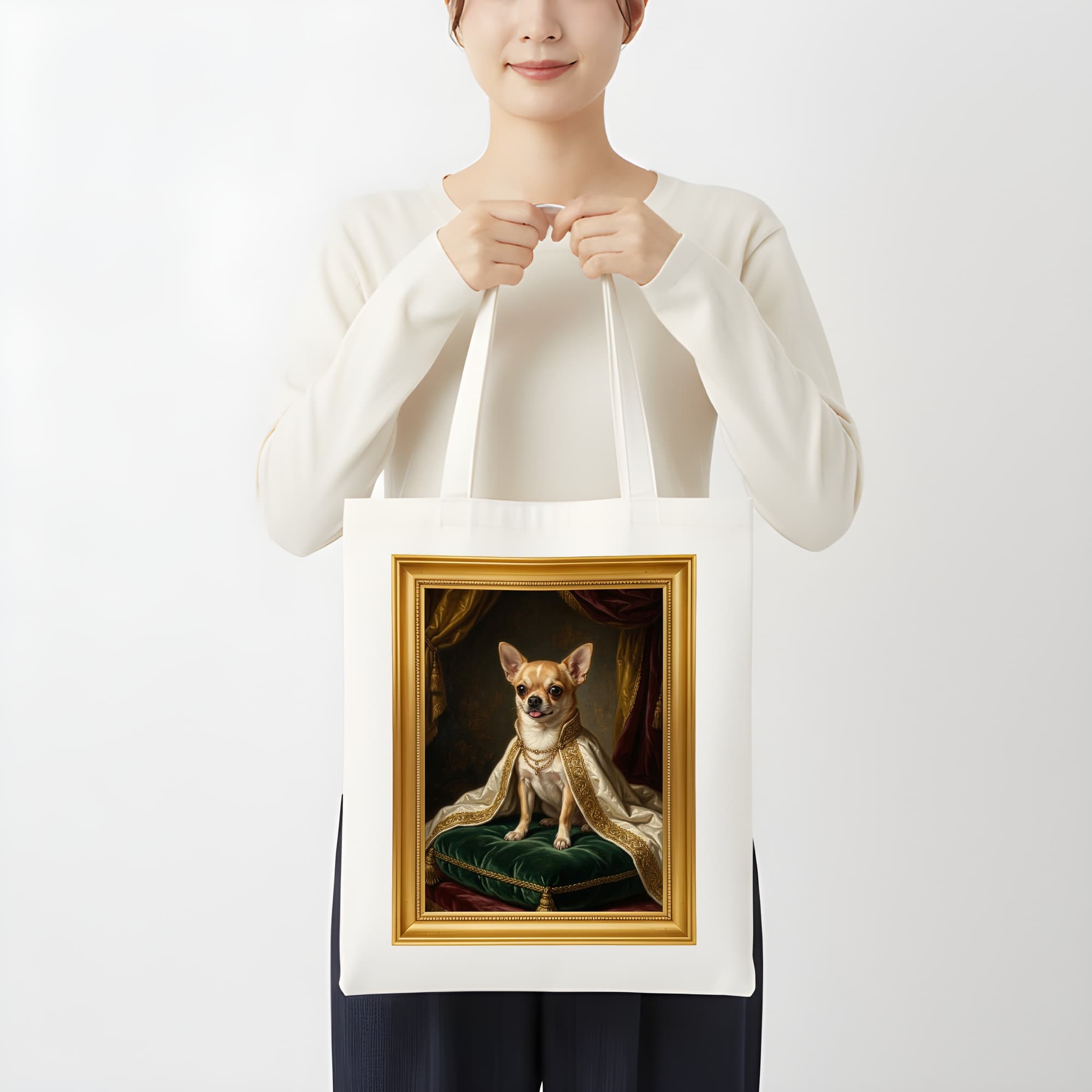 チワワのルネサンス肖像画トートバッグ(カラープリント・額縁デザインあり) 3