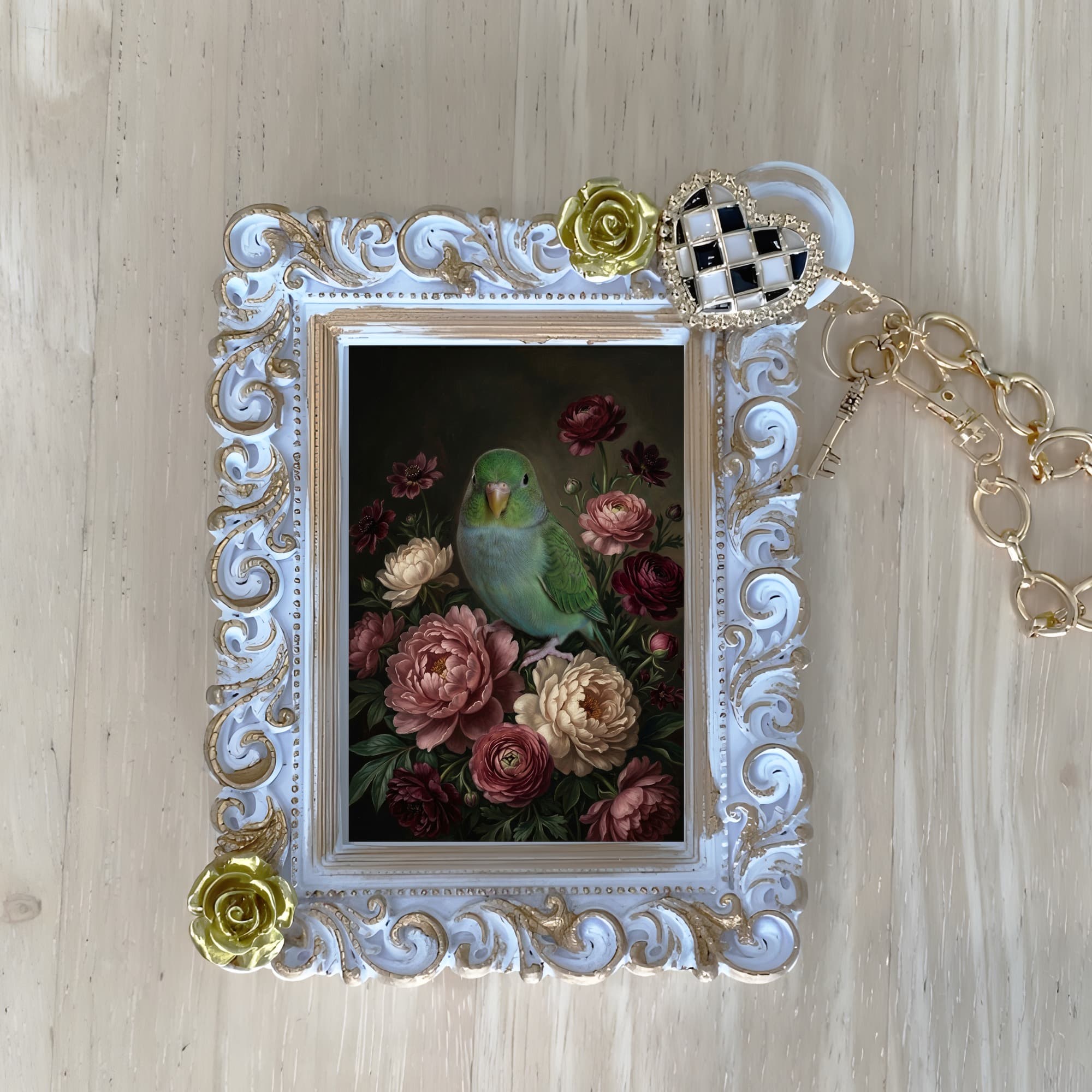 サザナミインコの花の油絵風アート花柄バッグチャーム(ホワイト)