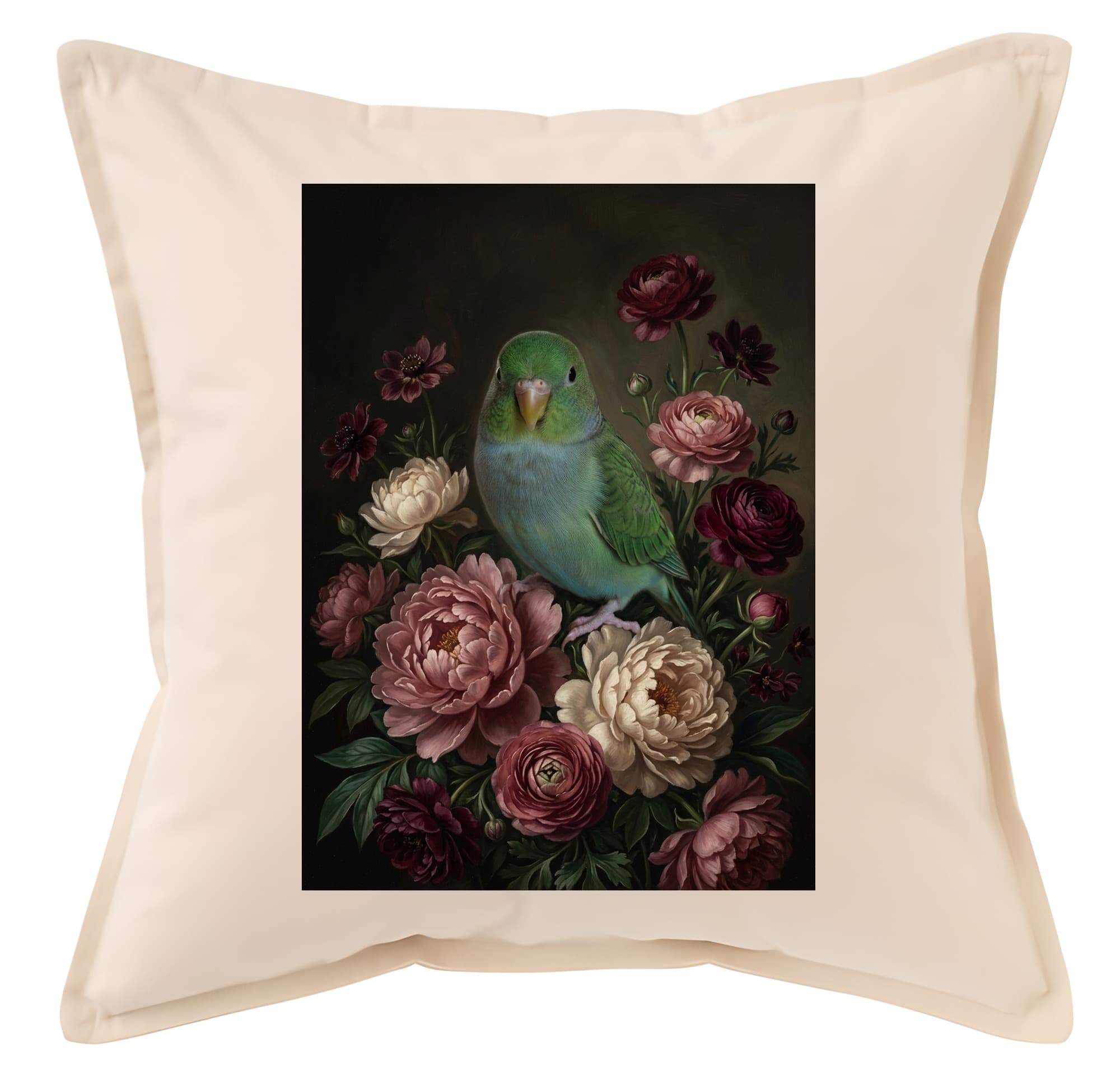 Lineolated Parakeet Floral Oil-Painting Floral Cushion