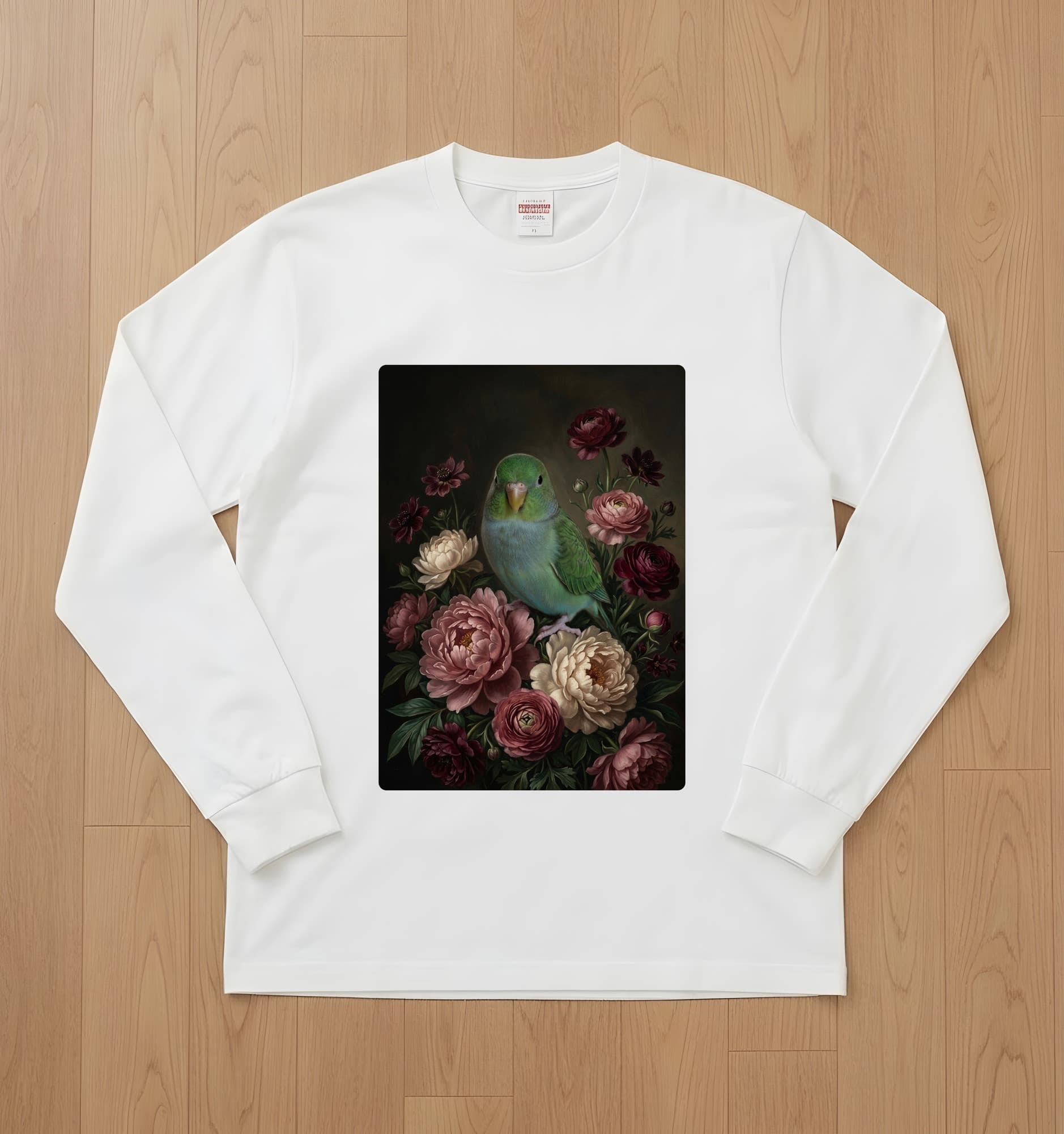 サザナミインコの花の油絵風アート花柄長袖Tシャツ(ホワイト)