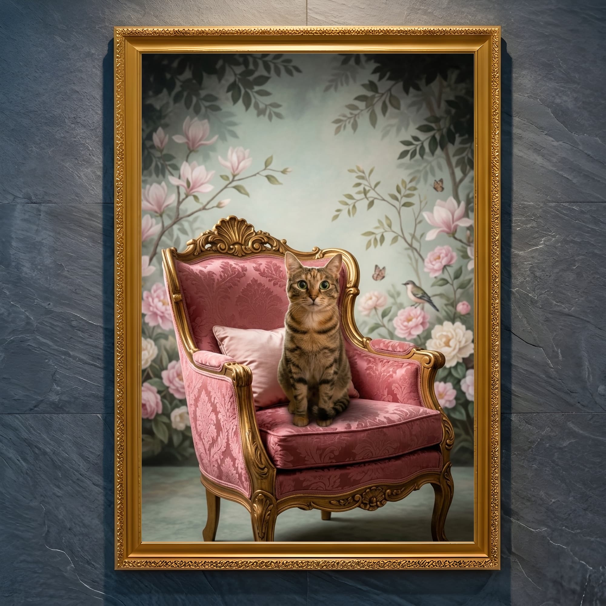mixed breed cat Shabby Pink Oil-Painting Rococo Framed Art Print (A4 Gold)