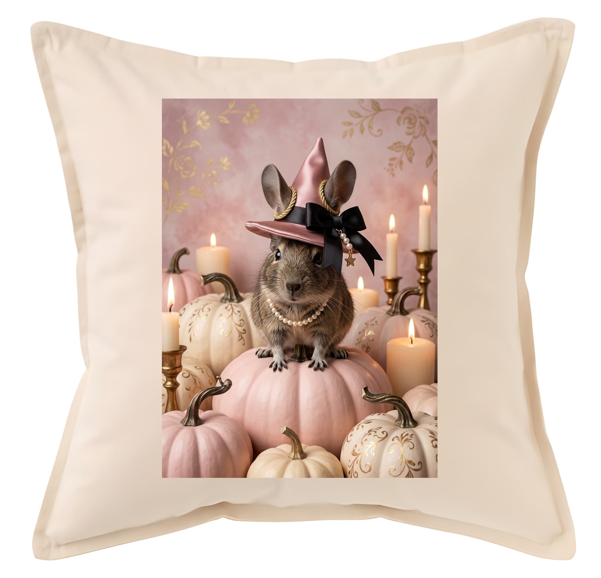 デグーのかぼちゃとキャンドルの油絵風アートハロウィンクッション