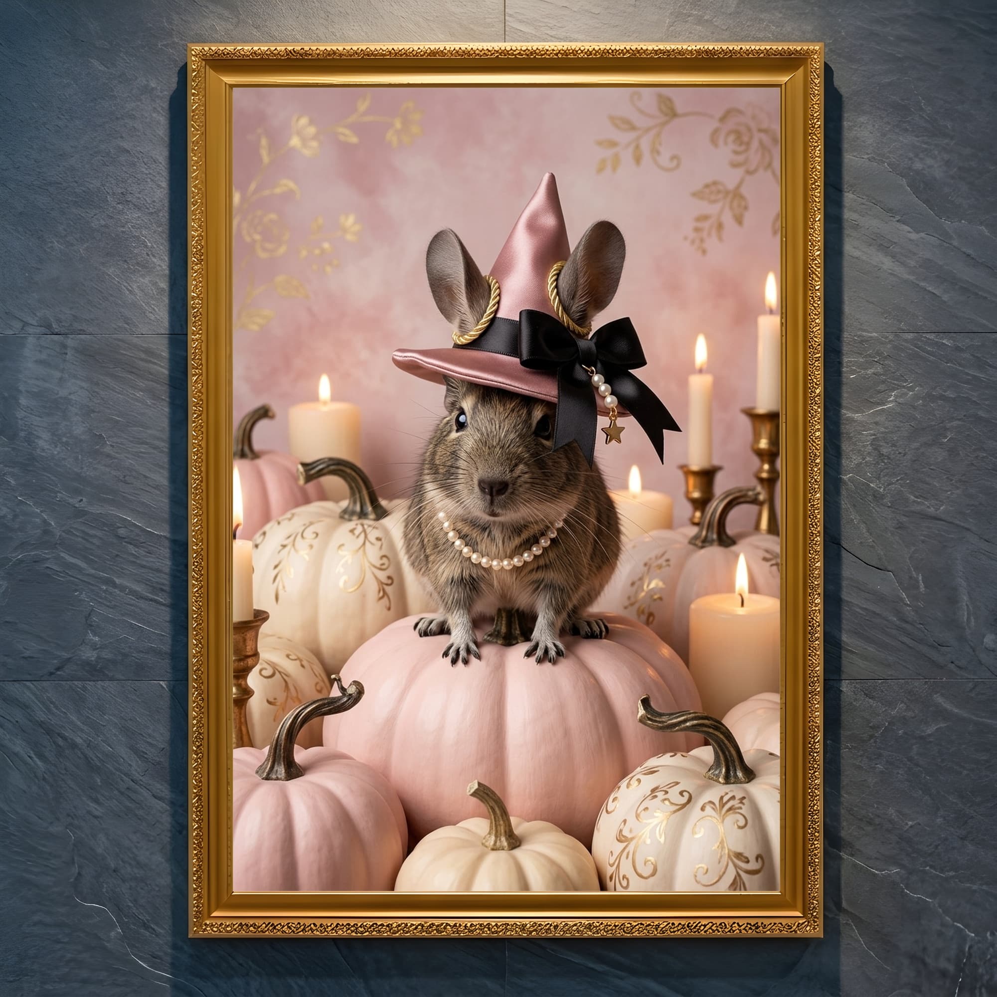 デグーのかぼちゃとキャンドルの油絵風アートハロウィン額装プリント(A4金縁)