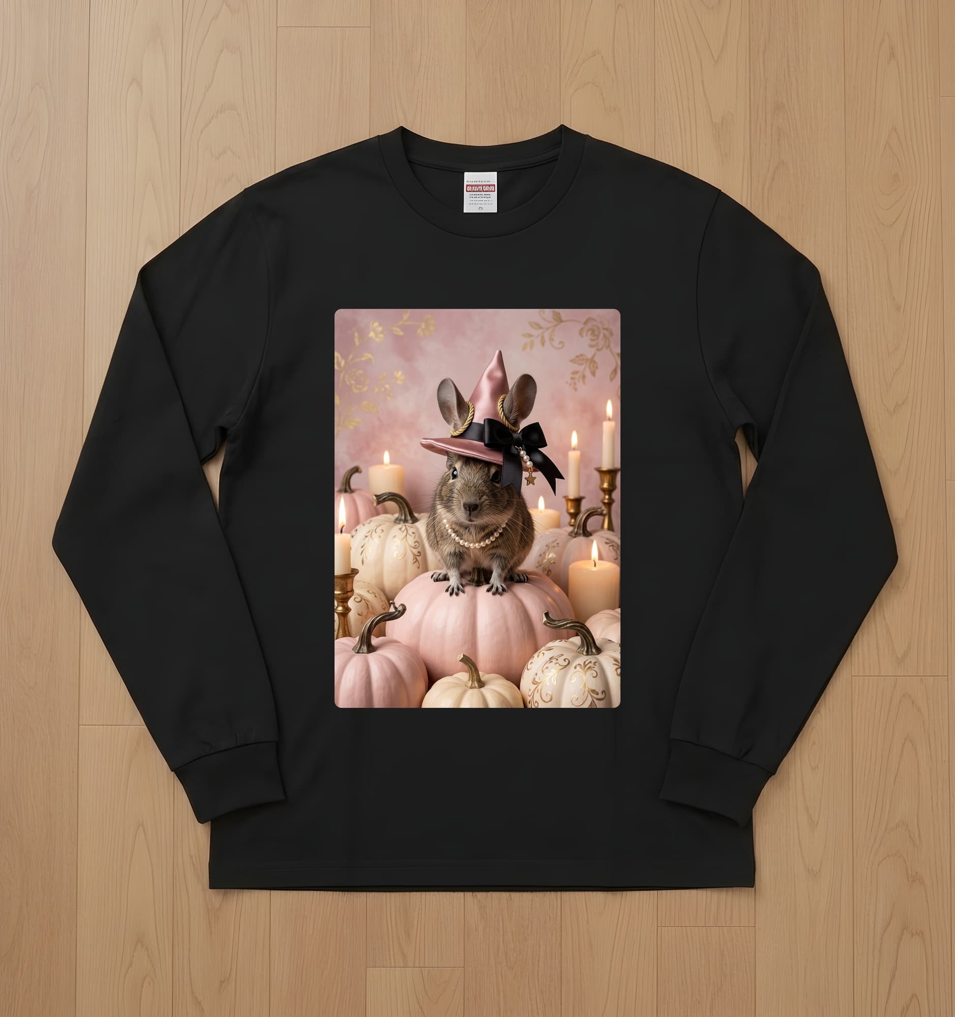 デグーのかぼちゃとキャンドルの油絵風アートハロウィン長袖Tシャツ(ブラック)