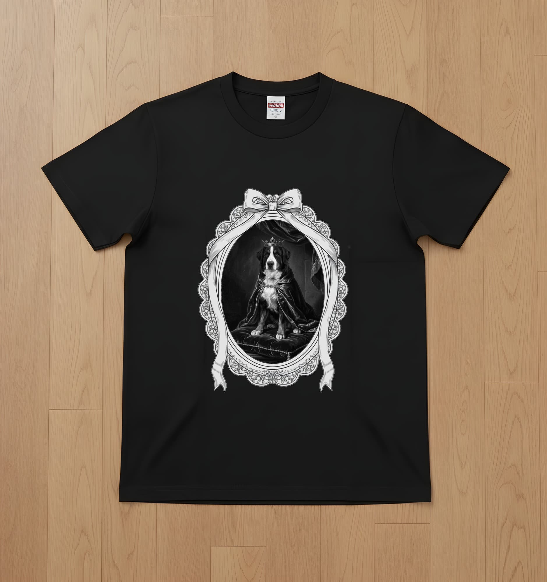 バーニーズマウンテンドッグのルネサンス肖像画Tシャツ(ブラック・モノクロプリント・額縁デザインあり)