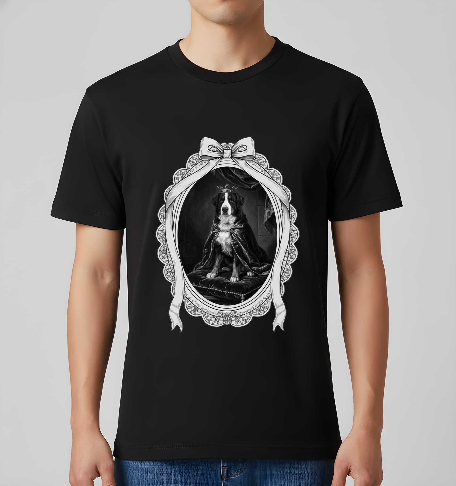 バーニーズマウンテンドッグのルネサンス肖像画Tシャツ(ブラック・モノクロプリント・額縁デザインあり) 2
