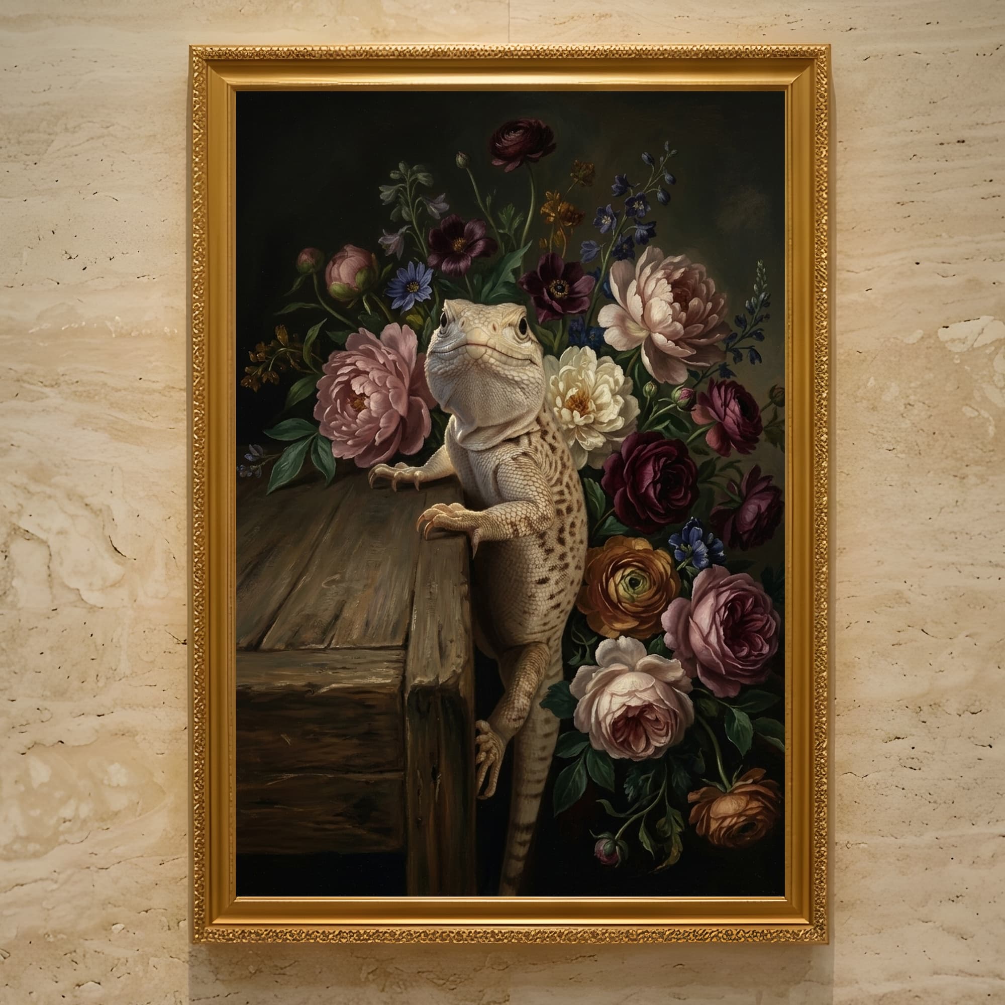 サバクイグアナの花の油絵風アート花柄額装プリント(A3サイズ)