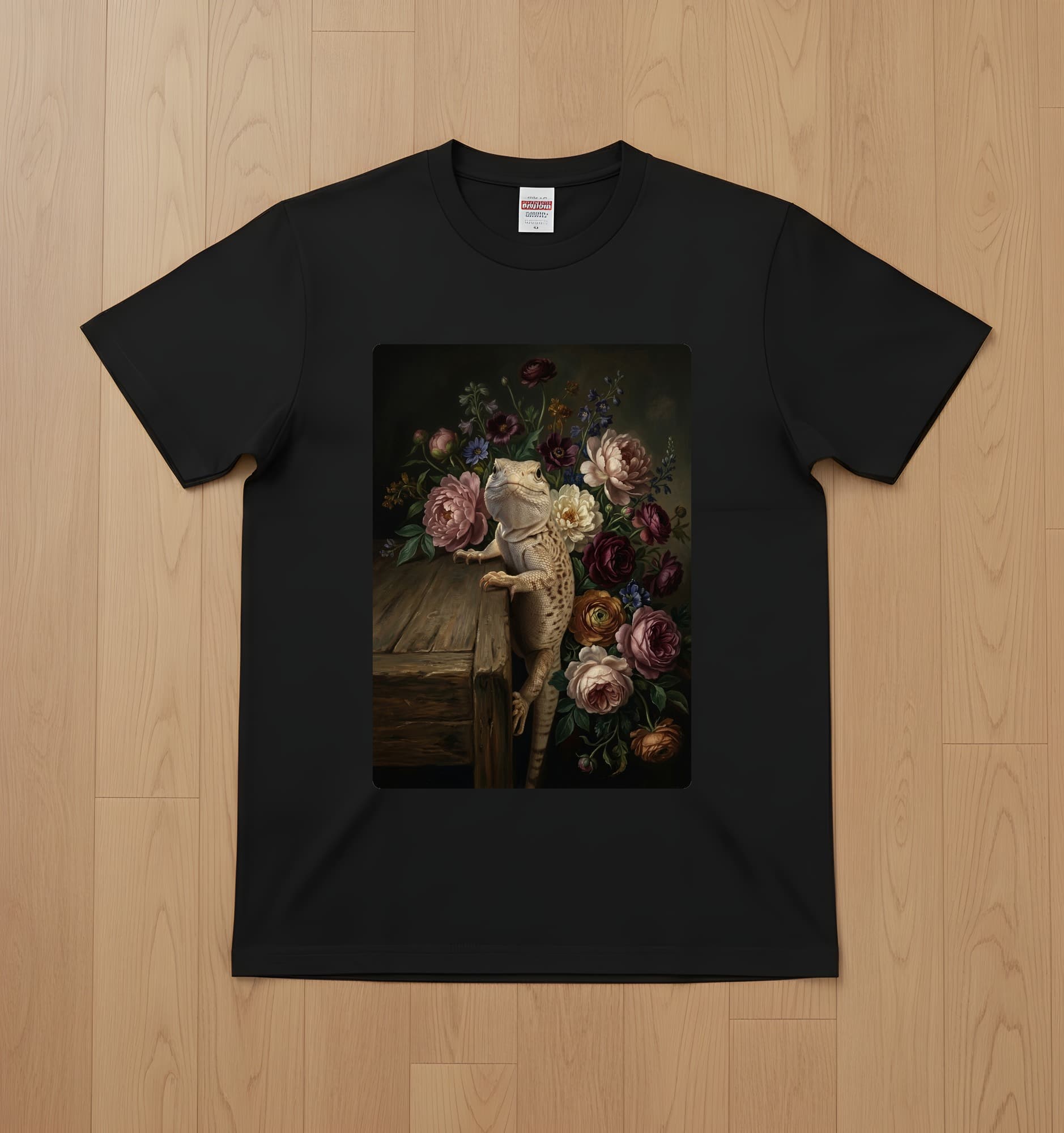 サバクイグアナの花の油絵風アート花柄Tシャツ(ブラック)