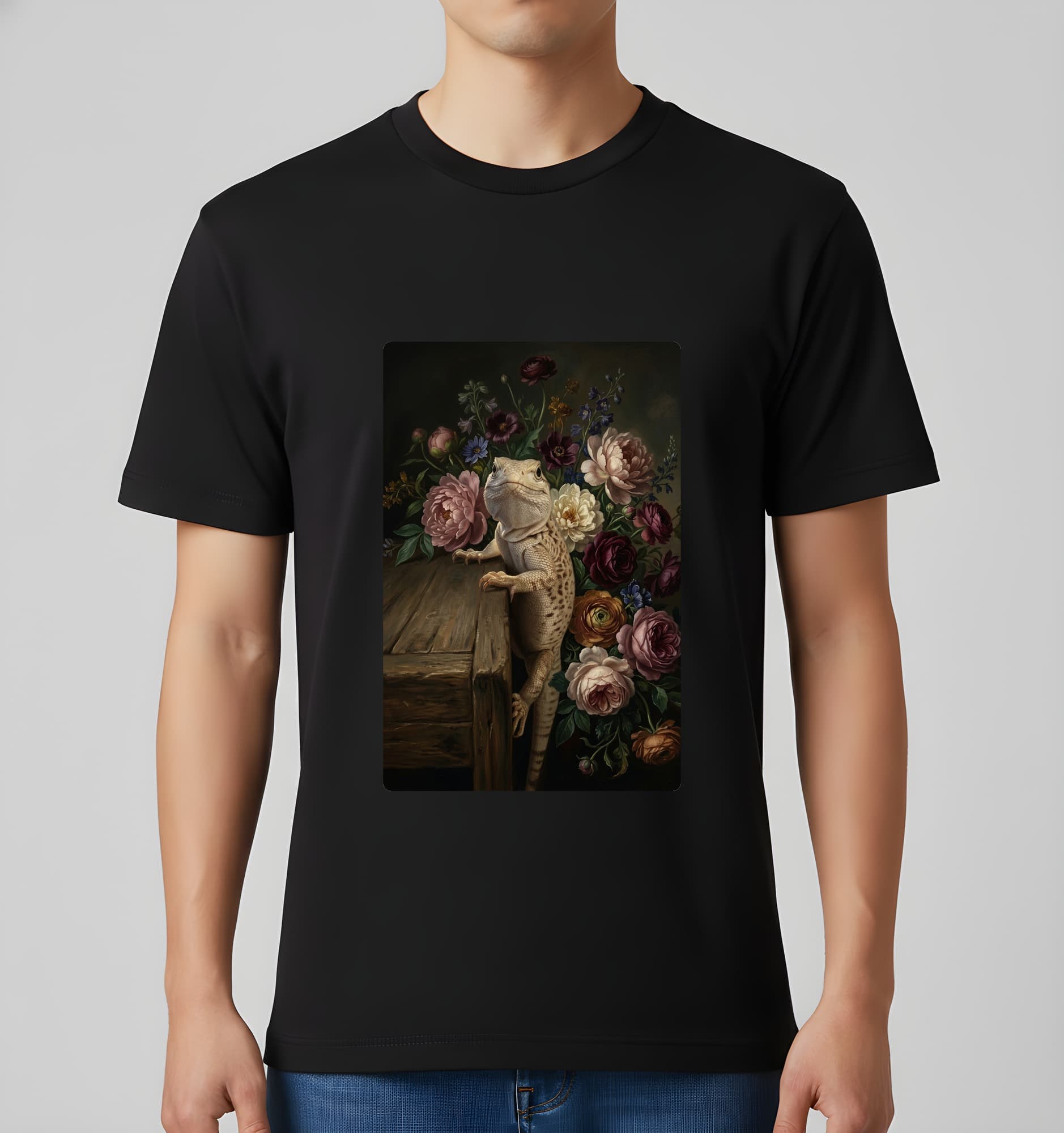 サバクイグアナの花の油絵風アート花柄Tシャツ(ブラック) 3