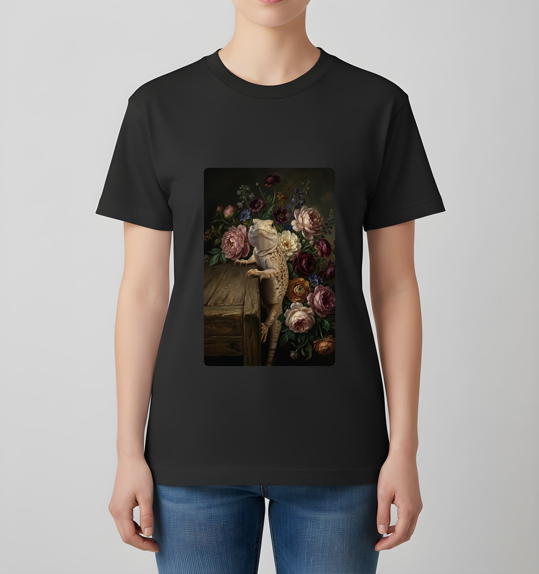 サバクイグアナの花の油絵風アート花柄Tシャツ(ブラック) 4