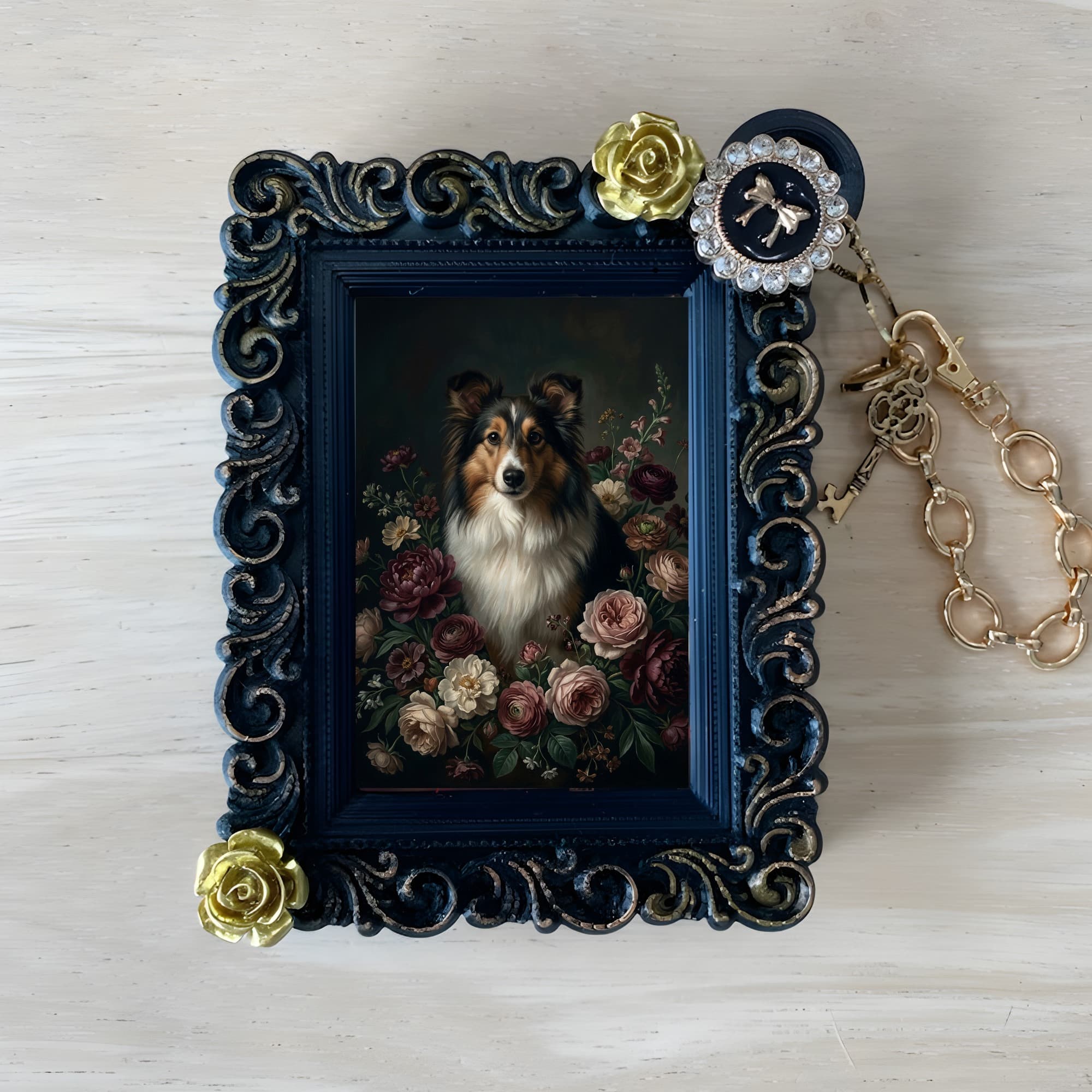 Shetland sheepdog Floral Oil-Painting Floral Bag Charm (Black)