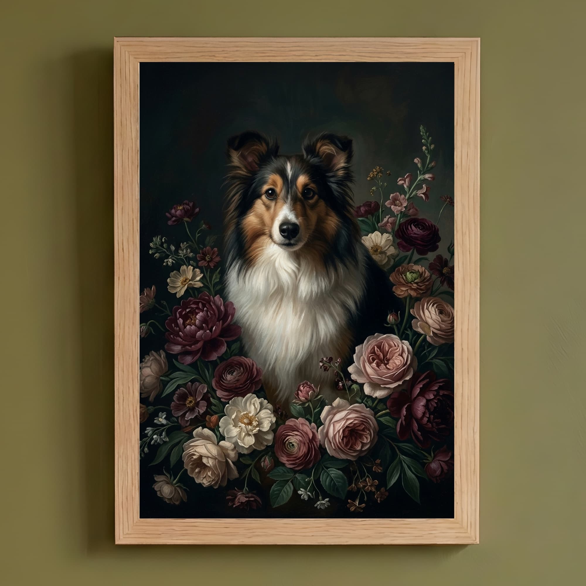 シェットランドシープドッグの花の油絵風アート花柄額装プリント(A4サイズ)