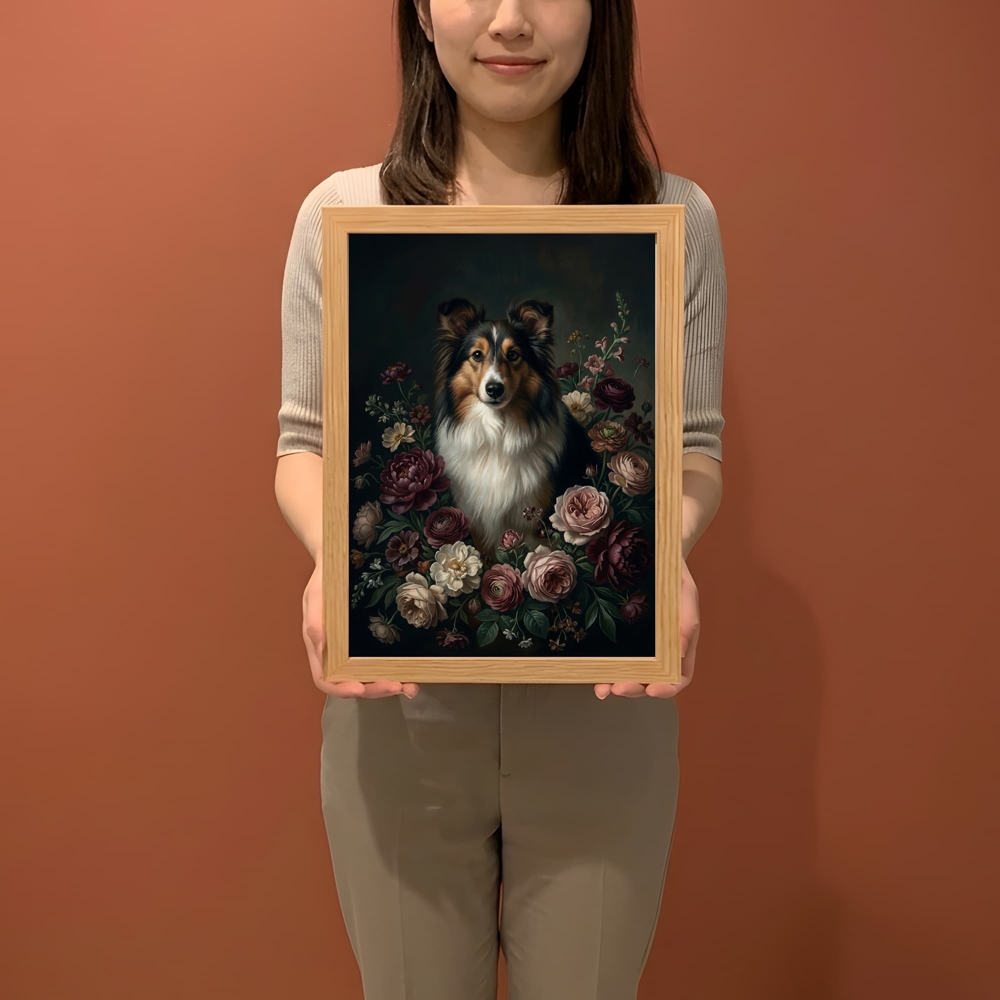 シェットランドシープドッグの花の油絵風アート花柄額装プリント(A4サイズ) 2