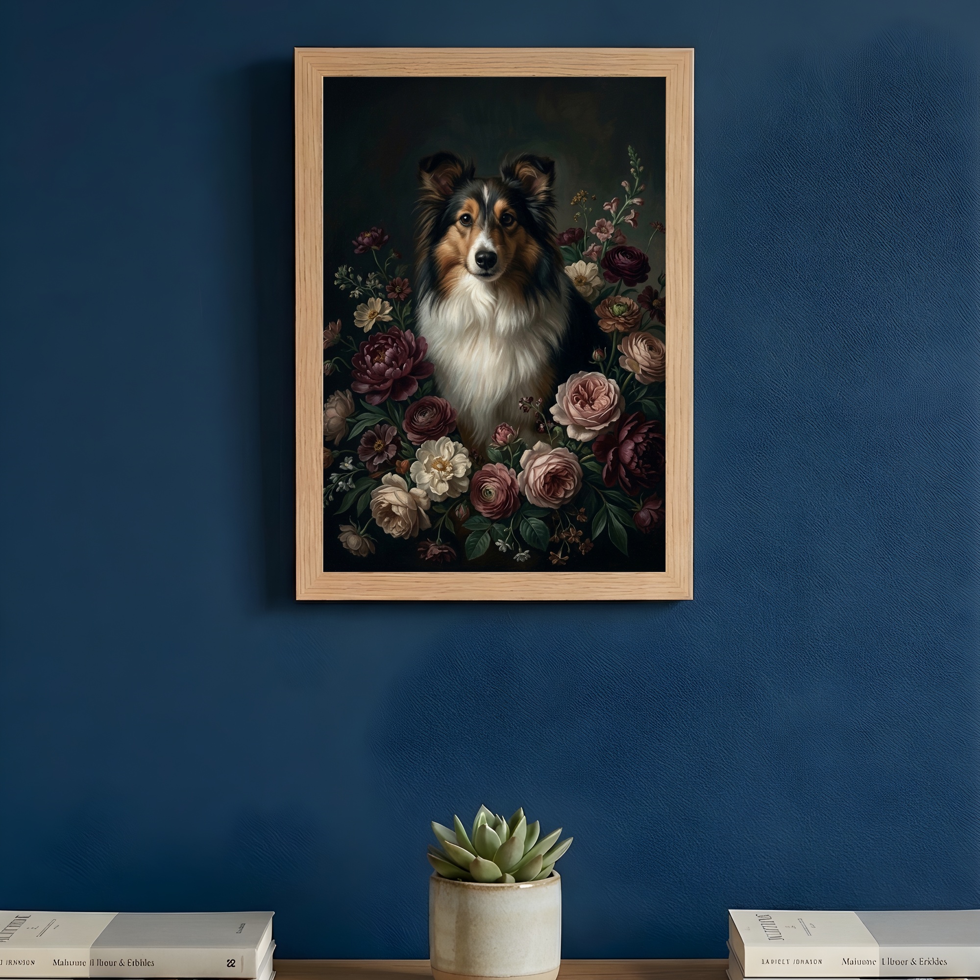 シェットランドシープドッグの花の油絵風アート花柄額装プリント(A4サイズ) 3