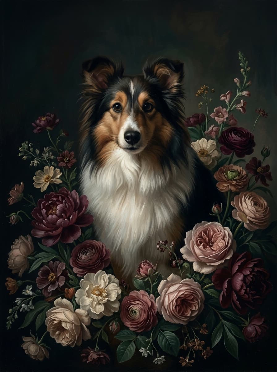 シェットランドシープドッグの花の油絵風アート花柄額装プリント(A4サイズ) 4