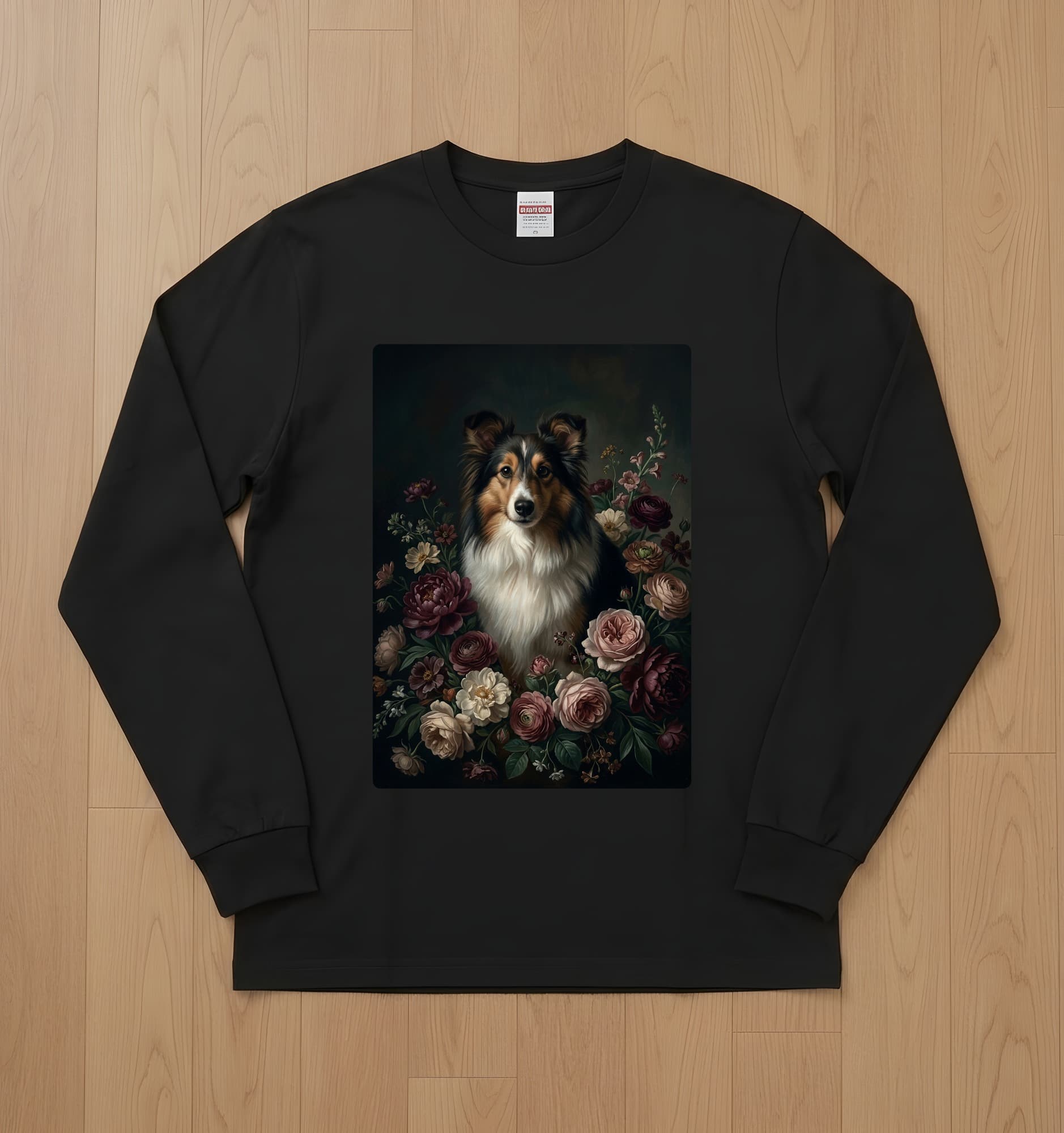 Shetland sheepdog Floral Oil-Painting Floral Long Sleeve T-Shirt (Black)