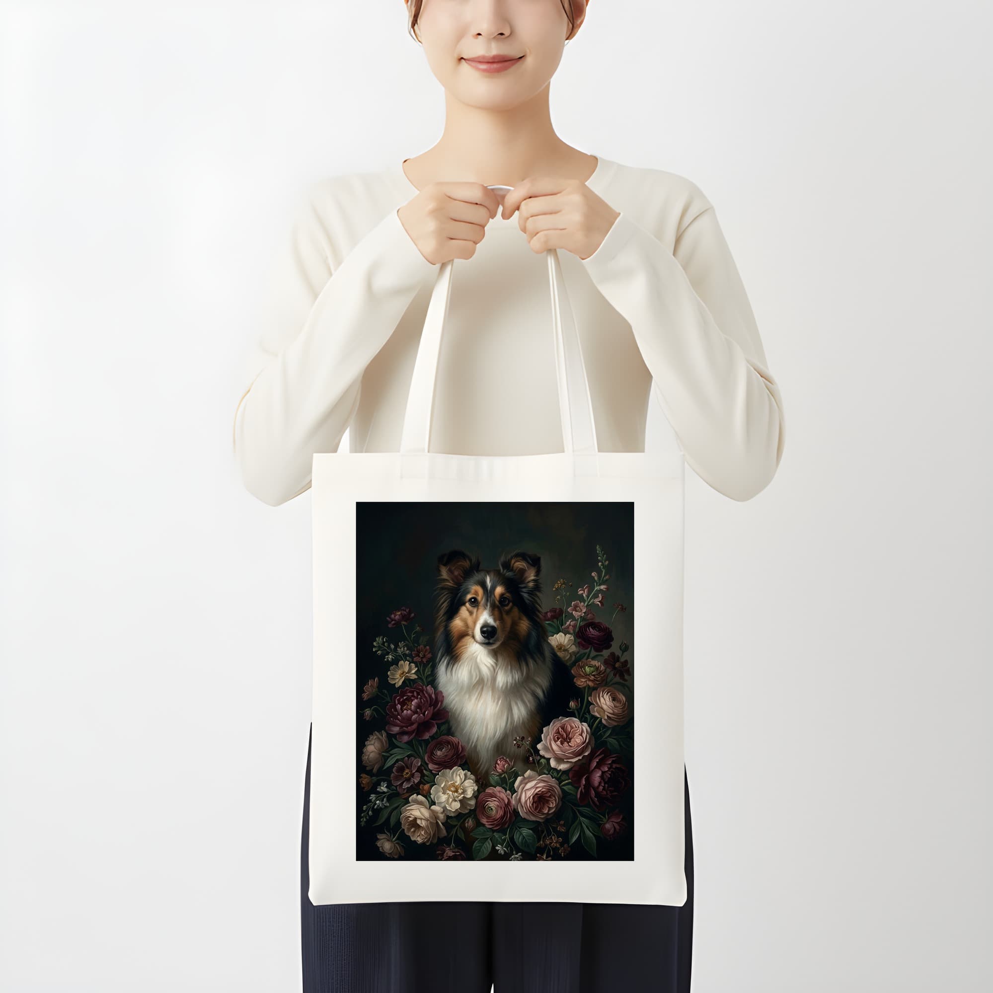 シェットランドシープドッグの花の油絵風アート花柄トートバッグ 3