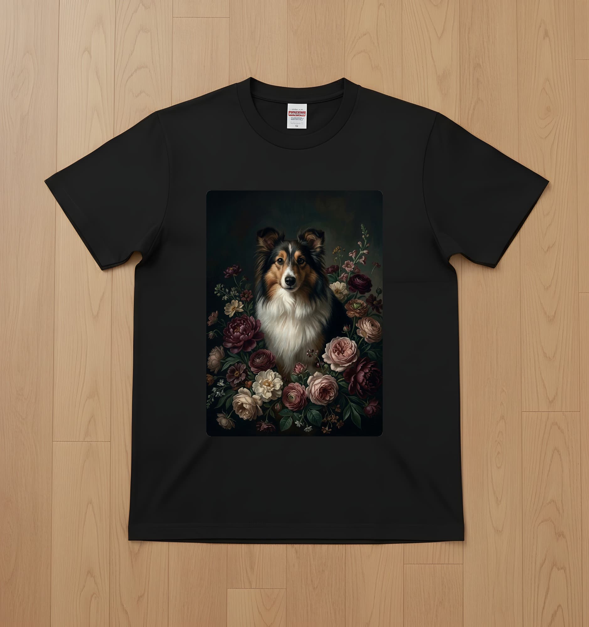 シェットランドシープドッグの花の油絵風アート花柄Tシャツ(ブラック)