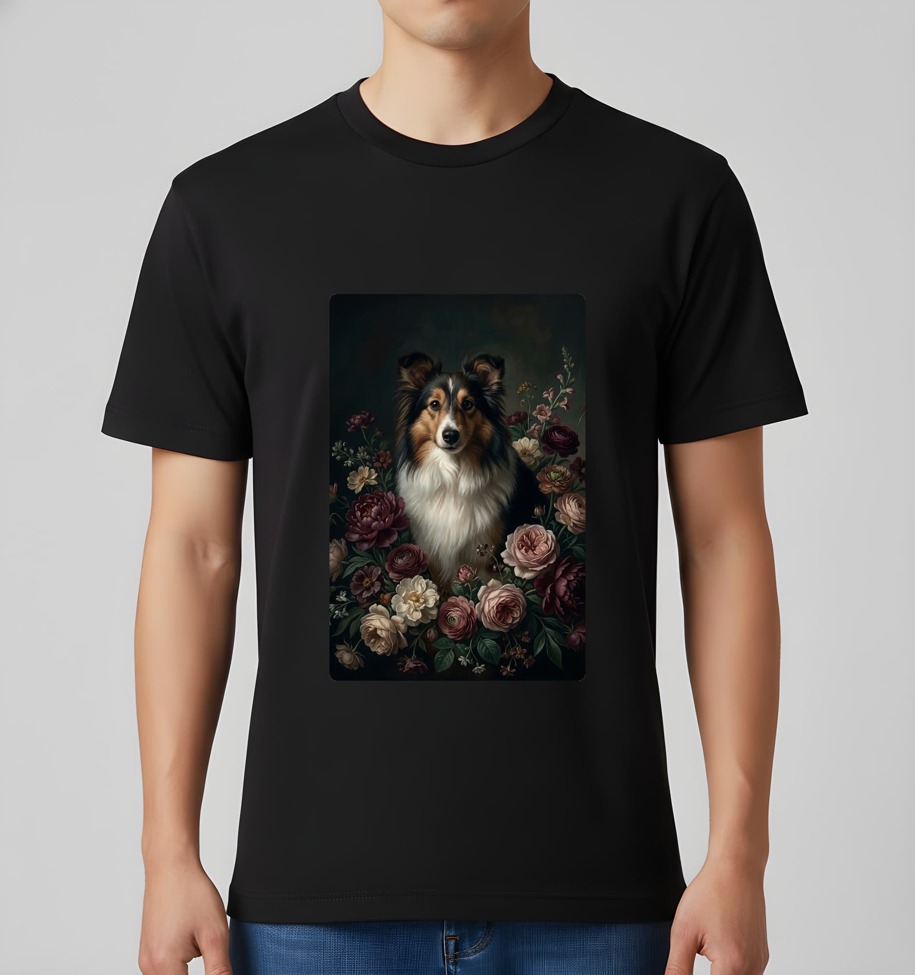シェットランドシープドッグの花の油絵風アート花柄Tシャツ(ブラック) 3