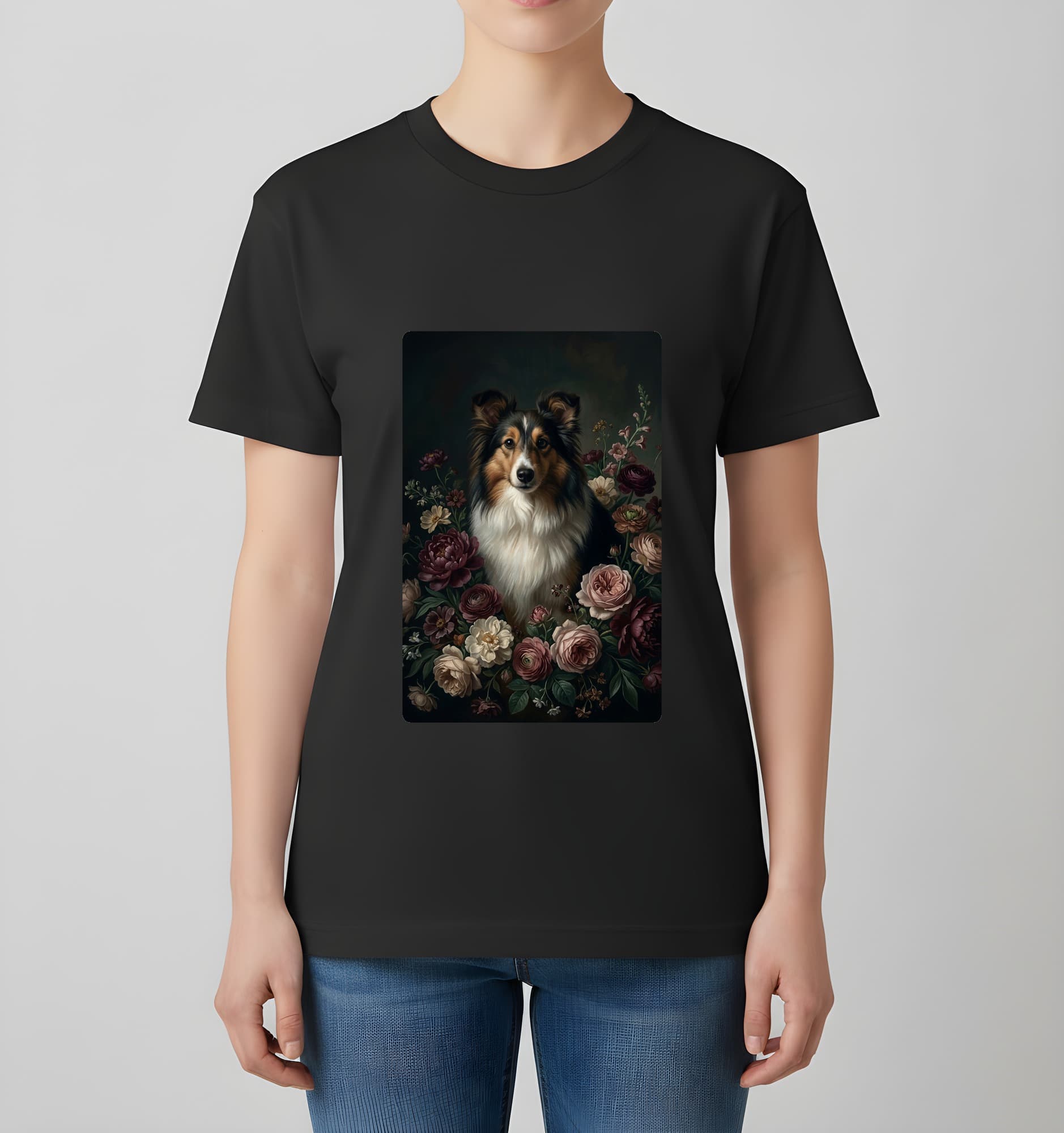 シェットランドシープドッグの花の油絵風アート花柄Tシャツ(ブラック) 4