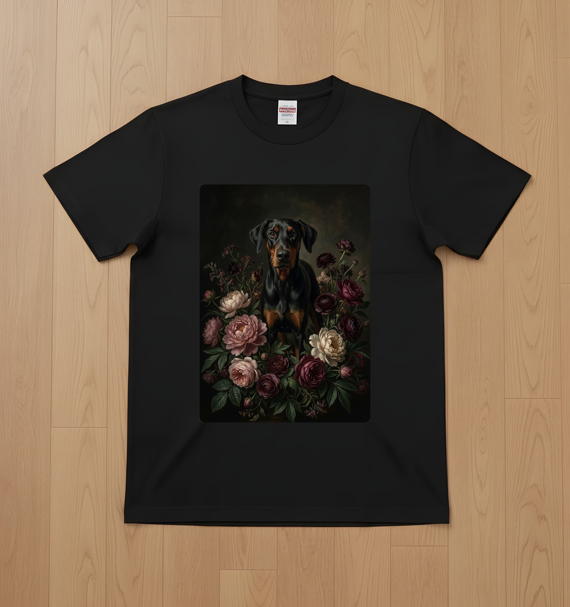 ドーベルマンの花の油絵風アート花柄Tシャツ(ブラック)
