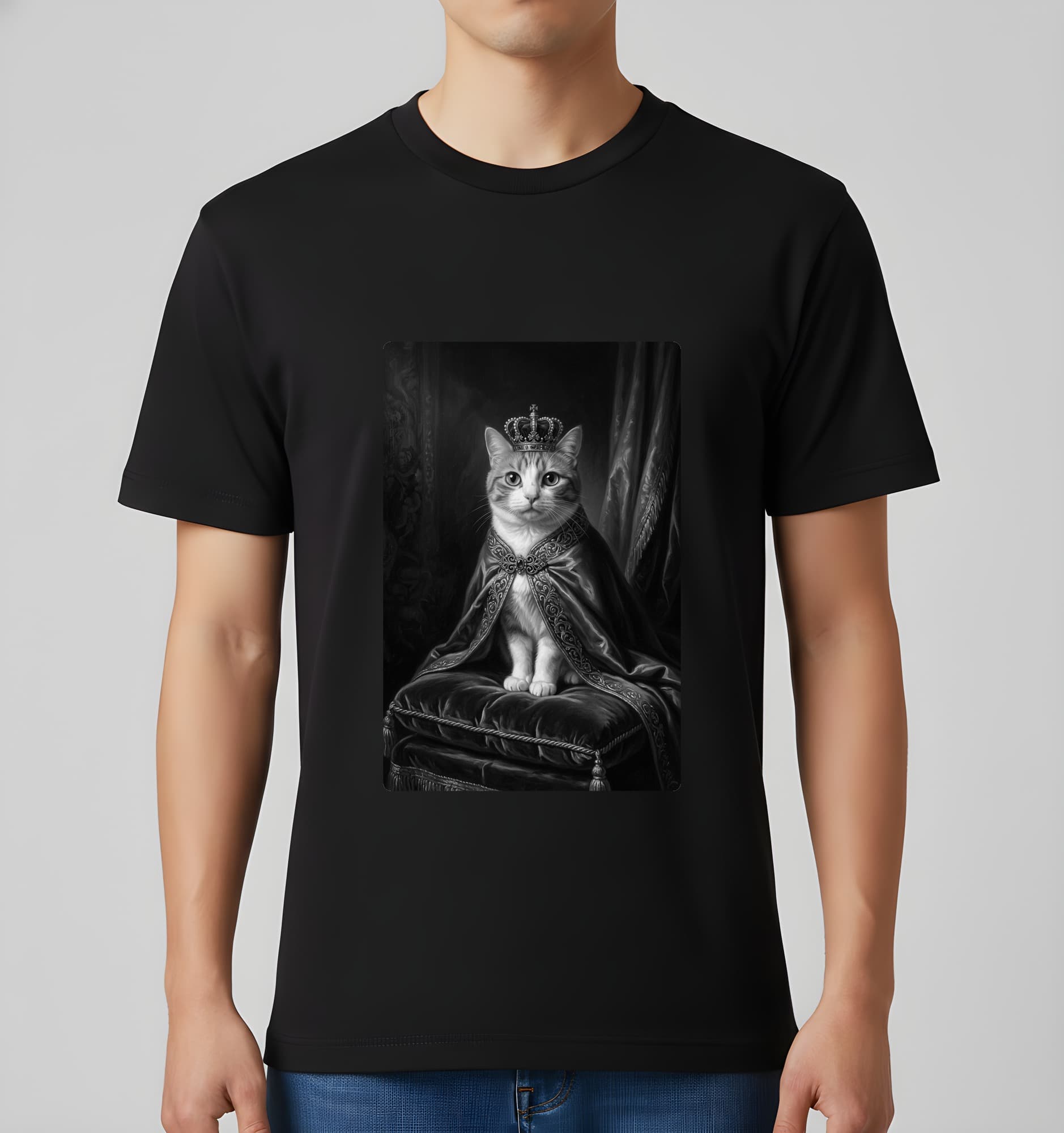 マンチカンのルネサンス肖像画Tシャツ(ブラック・モノクロプリント・額縁なし) 3